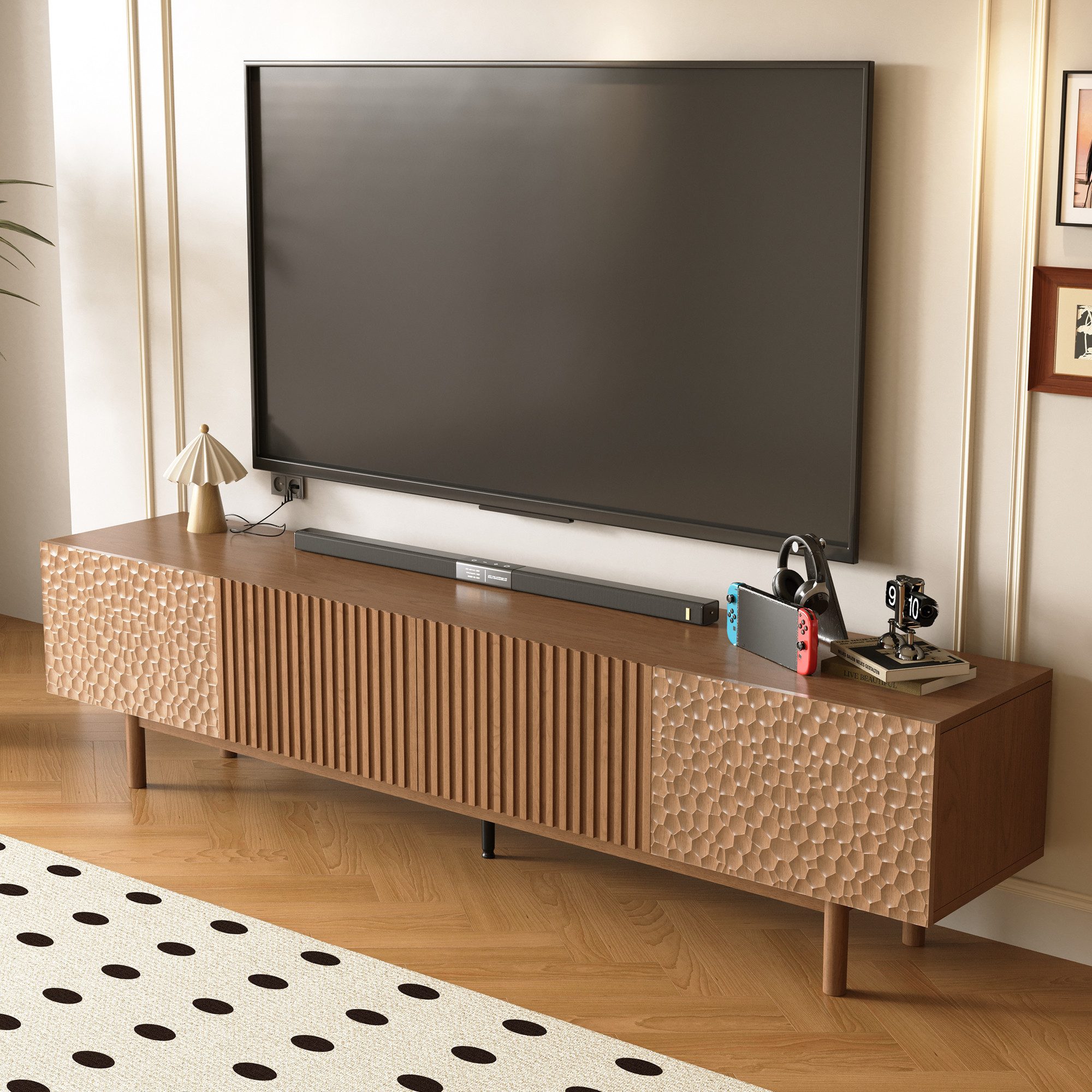 oleyluckidea TV-Schrank mit Stauraum, TV lowboard hochbeinig,lowboard für 80"+TV,Nussfarbe Breite 220 cm