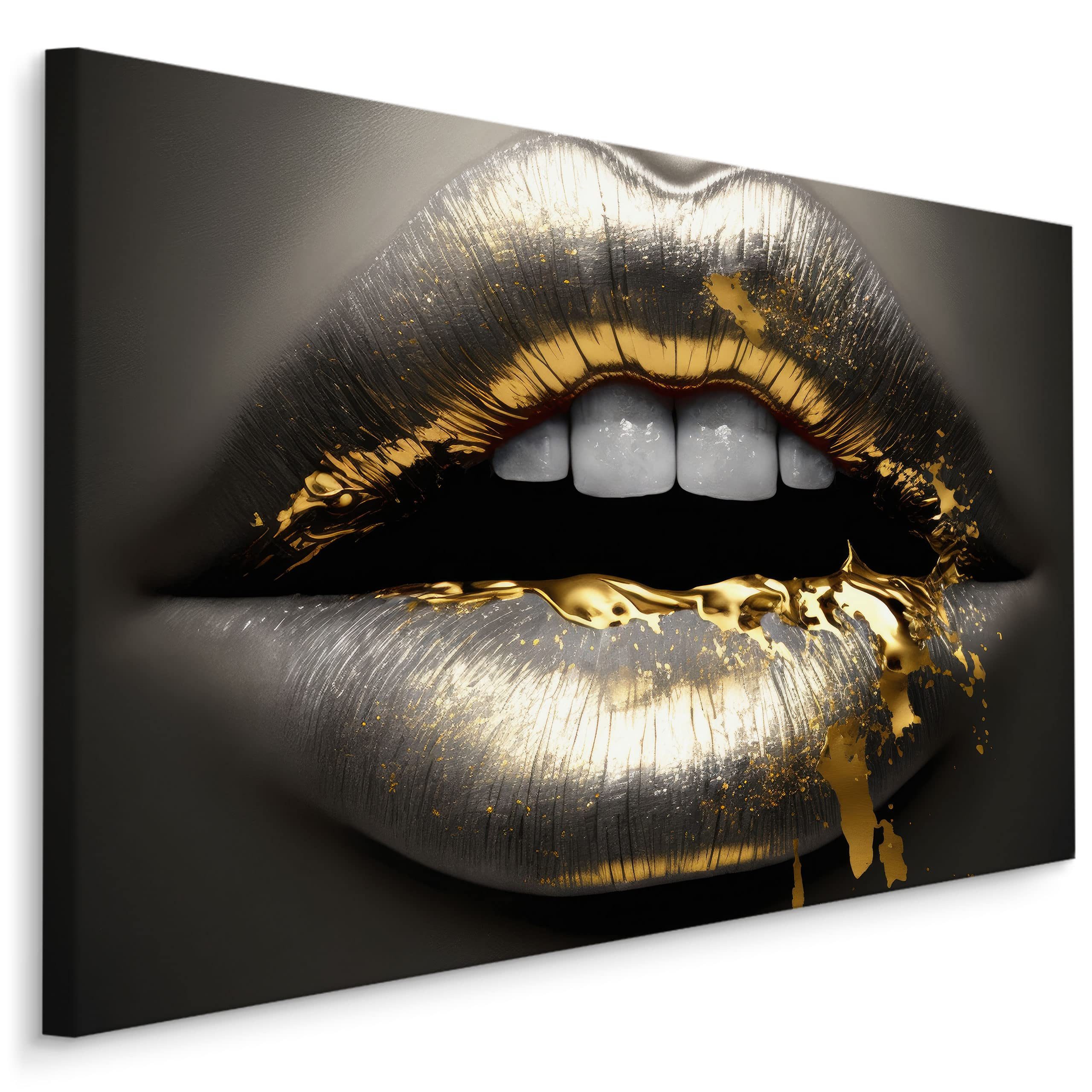 Muralo Leinwandbild Menschen – Leinwandbild Wandbild Kunstdruck Wohnzimmer, Frau (1 St), Gesicht – Frau – Silberne goldene Lippen, 30 x 20 cm, aufhängefertig