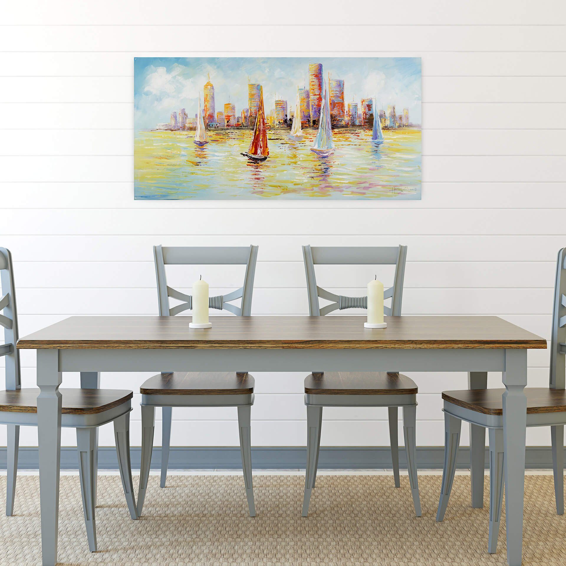KUNSTLOFT Gemälde Skyline Sailing 120x60 cm, Leinwandbild 100% HANDGEMALT Wandbild Wohnzimmer
