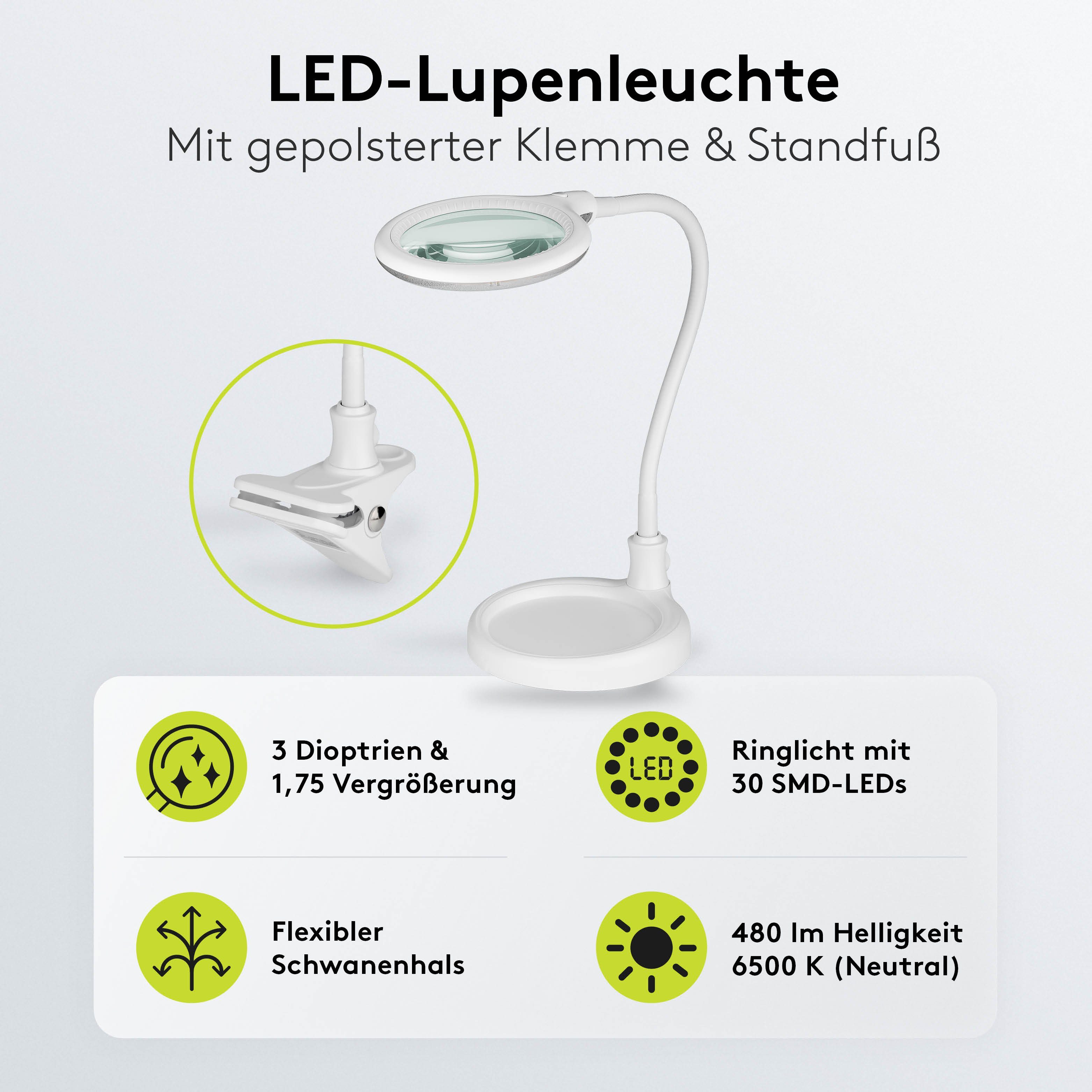 Goobay Lupenlampe 6 W LED-Lupenleuchte mit Klemme & Standfuß, SMD LED, kaltweiß, 6500 K