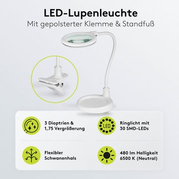 Goobay Lupenlampe 6 W LED-Lupenleuchte mit Klemme & Standfuß, SMD LED, kaltweiß, 6500 K, 1,75-fache Vergrößerung, Flexibler Schwanenhals