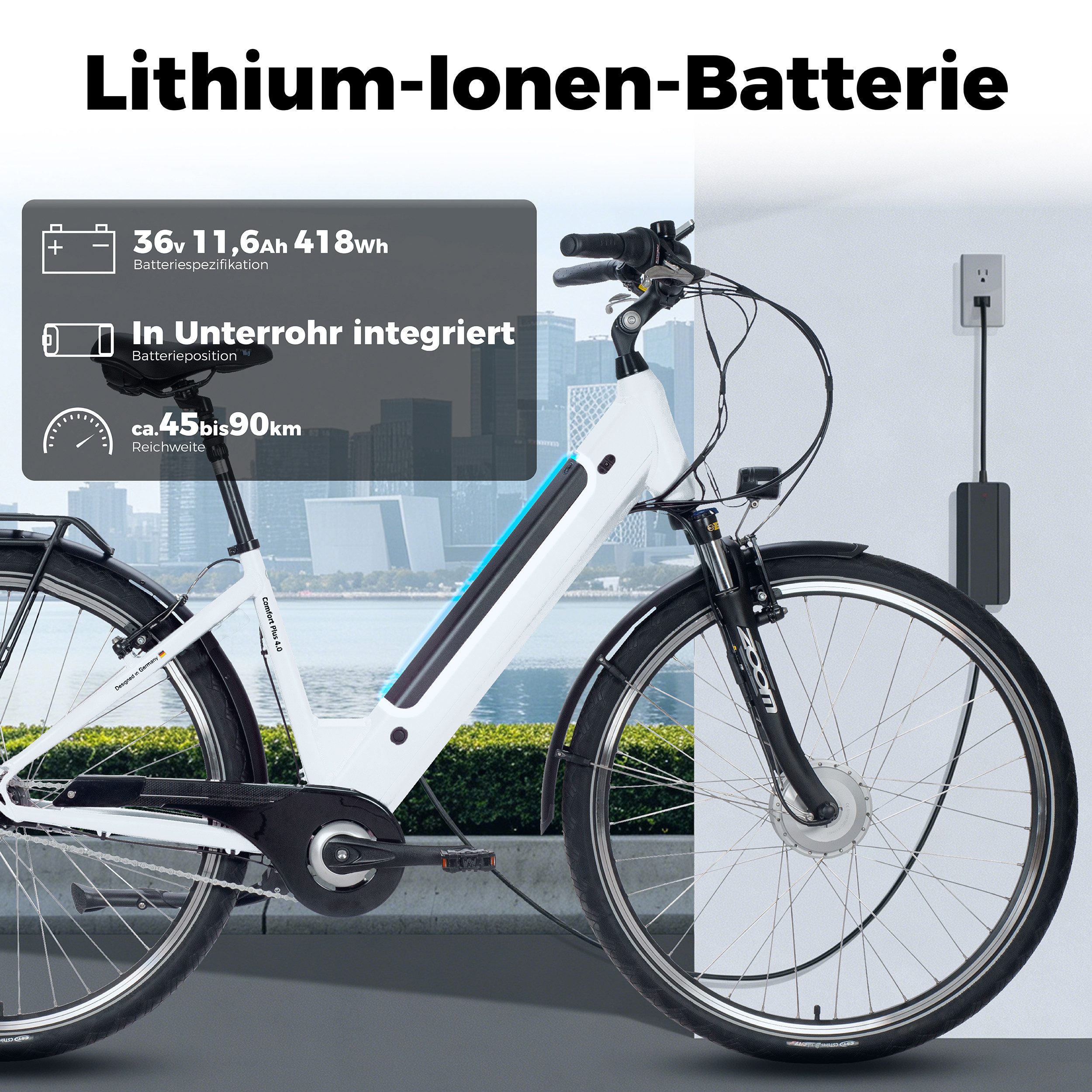 SAXXX E-Bike Cityrad 28 Zoll, max.90km, Federsattelstütze, Federgabel mit Lockout, V-Bremse, 7 Gang Shimano NEXUS Schaltwerk, Nabenschaltung, Frontmotor, 418 Wh, 5 Stufen, max. 130 kg, Pedelec, Elektrofahrrad für Damen und Herren