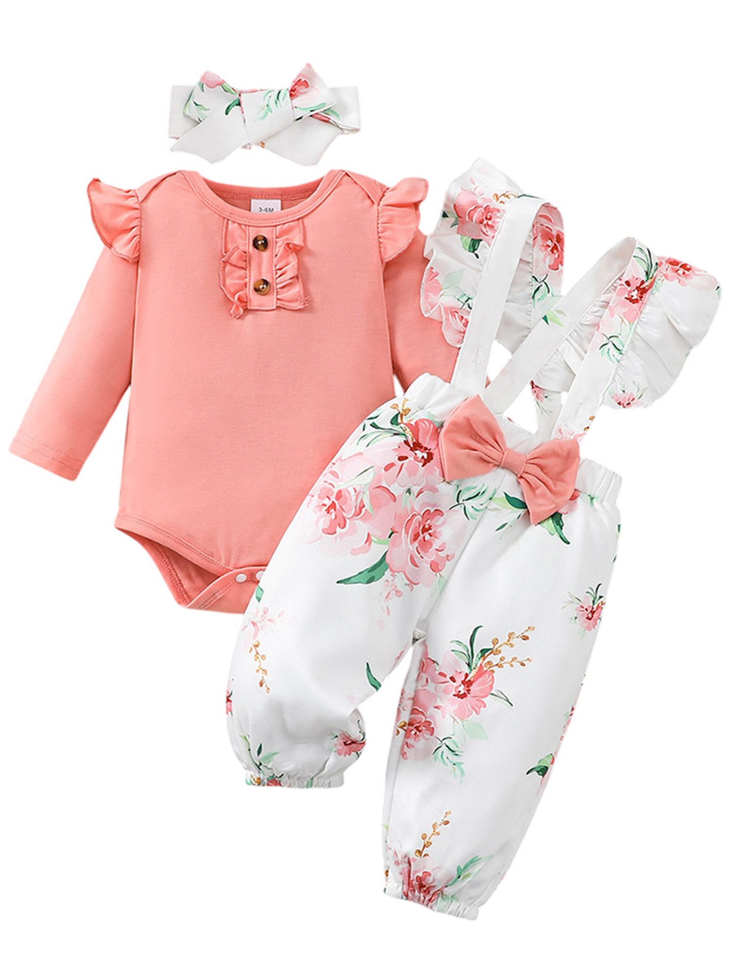 Gluckids Strampler Baby Mädchen Süßes Set Blumen Langarm Babykleidung Casual Anzug (3-tlg) Rüschen Overall + Hose+ Stirnband Set, Frühling Herbst Babykleidung