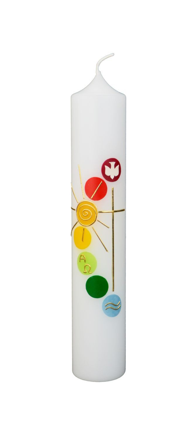 INNA-Glas Stumpenkerze Kirchenfeier Kerze SMILJANA, verziert, weiß-gold-bunt, 26,5cm, Ø5cm
