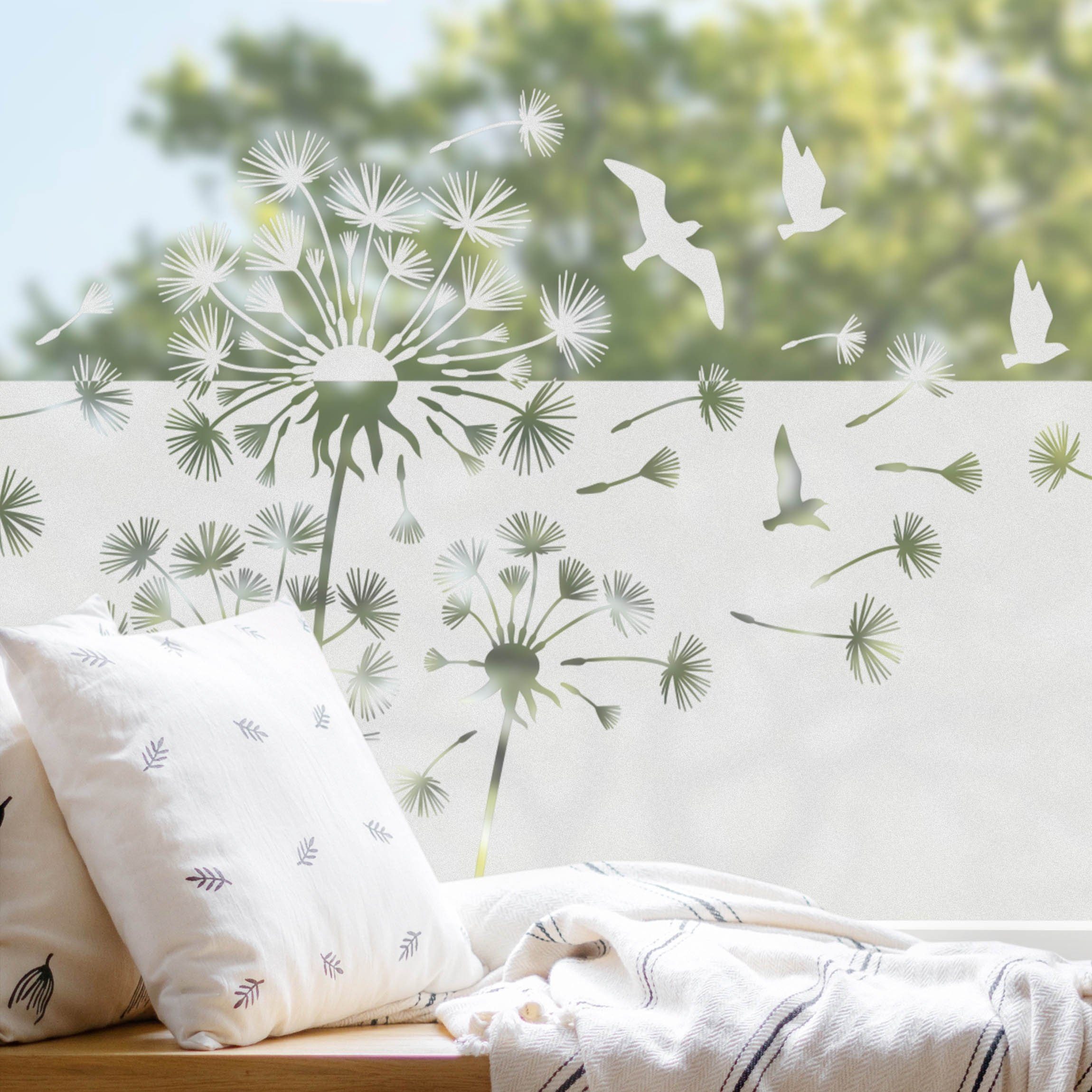 Fensterfolie statisch haftend Motiv Fensterdeko Pusteblumen Vögel Bordüre Tiere, Bilderdepot24, blickdicht, Sichtschutzfolie selbsthaftend & repositionierbar inklusive Anleitung, Innen Fenster Tür Balkontür Küche Badezimmer Wohnzimmer Schlafzimmer