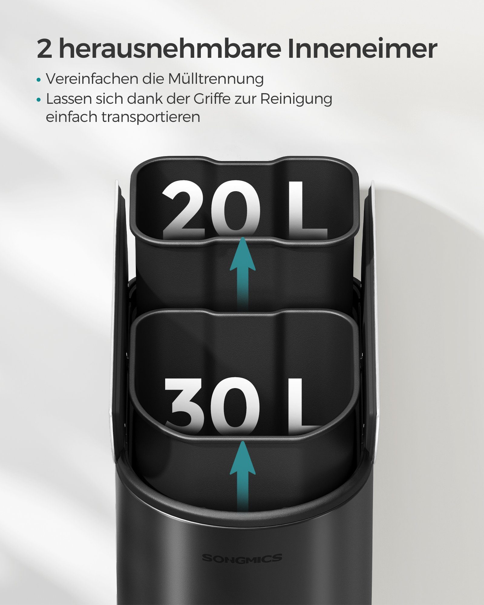 SONGMICS Mülleimer, Küche, Mülltrennsystem 2 Fächer, 30 L und 20 L