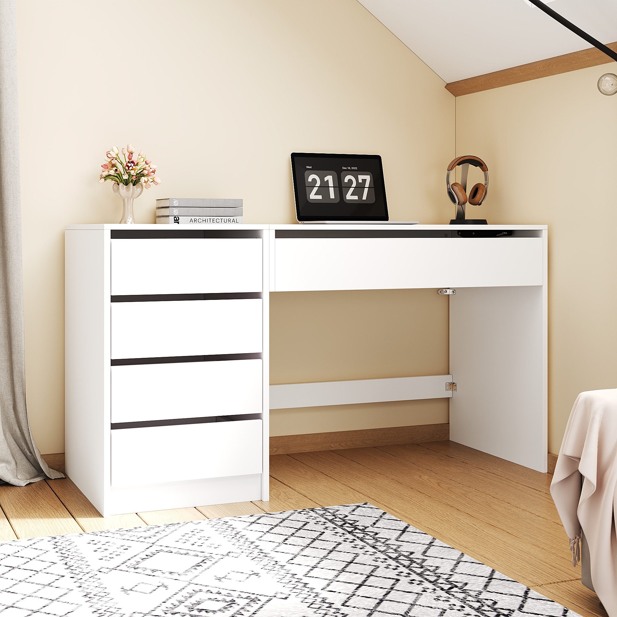 Flieks Schreibtisch mit höhenverstellbarer Tischplatte und verstecktem Stauraum (120×50×78–92 cm, 1-St., 1 Tisch mit 4 Schubladen), multifunktionales Computertisch Schminktisch Bürotisch Weiß