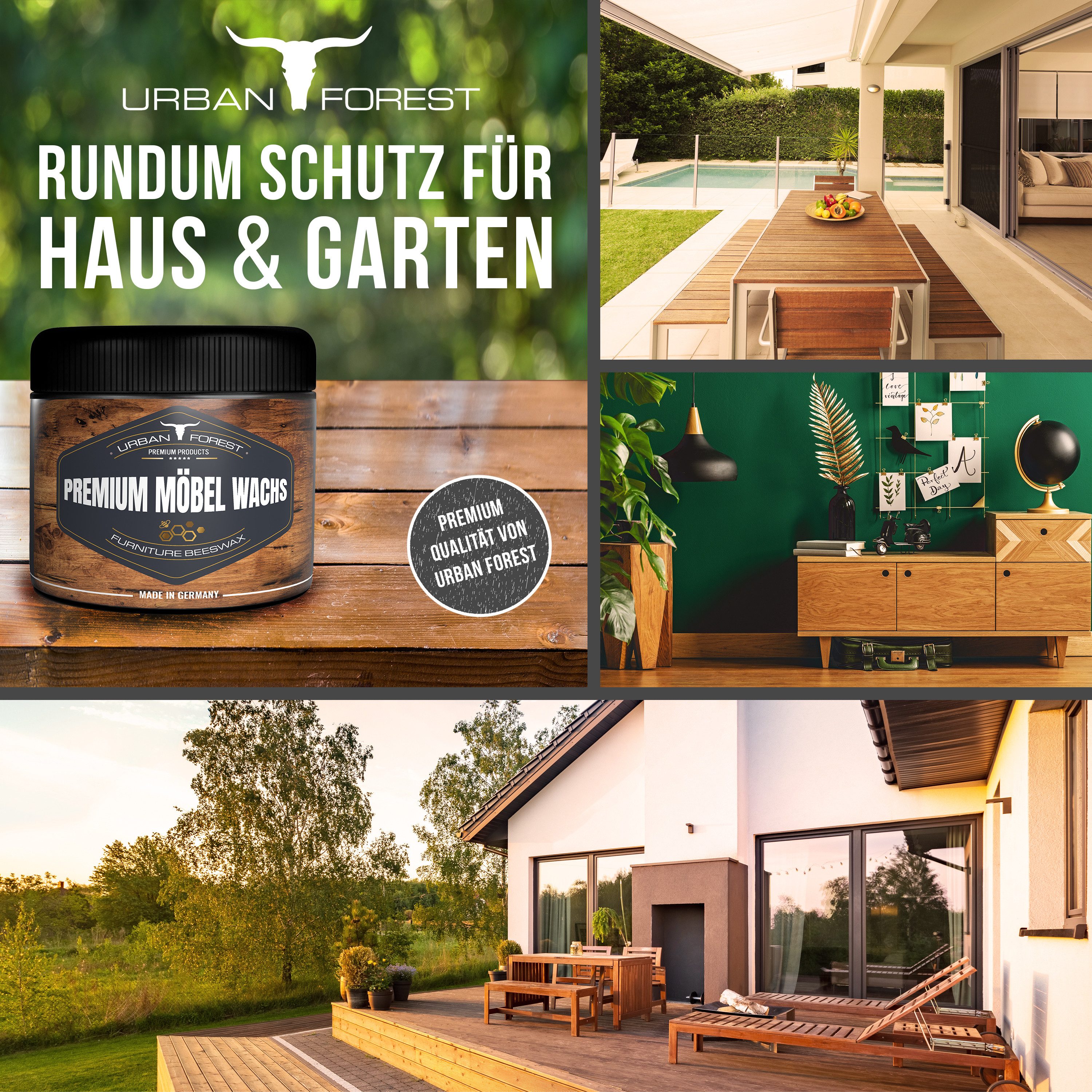 URBAN FOREST SET Möbelpolitur 500ml + Möbelwachs 250ml + Schwamm Holzreiniger (3-St)