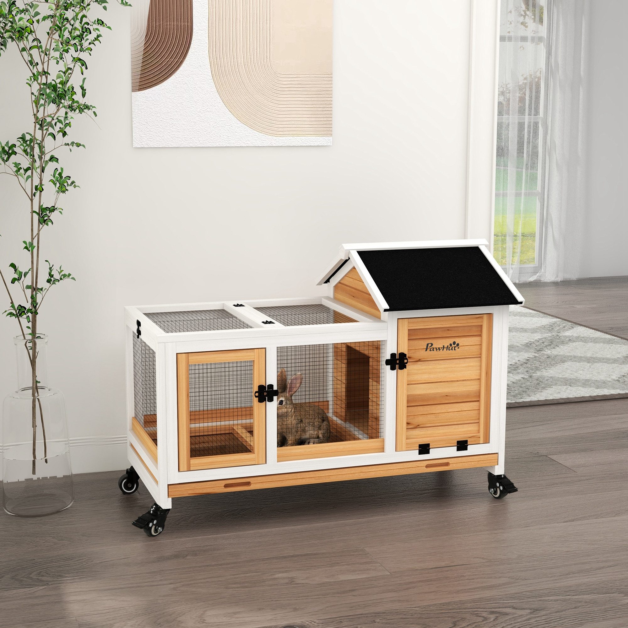 PawHut Kleintierstall Zwergkaninchenstall mit Freilaufgehege, Räder, Zwergkaninchenkäfig, mit Ausziehbarem Tablett für Indoor, Outdoor, Gelb