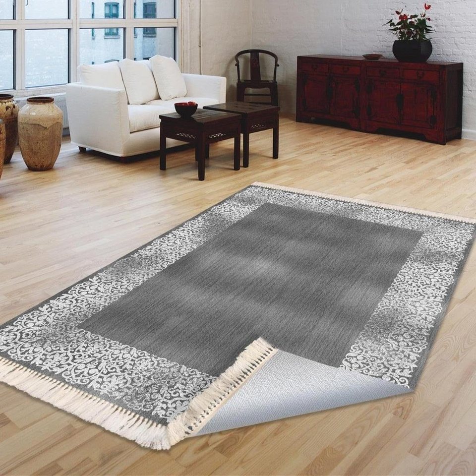 Teppich Klassisch Flachteppich Läufer in Grau Waschmaschinengeeignet 6x  Größen, Jungengel Textilien, Höhe: 6 mm, Universell einsetzbar,  Fußbodenheizungsgeeignet | Kurzflor-Teppiche