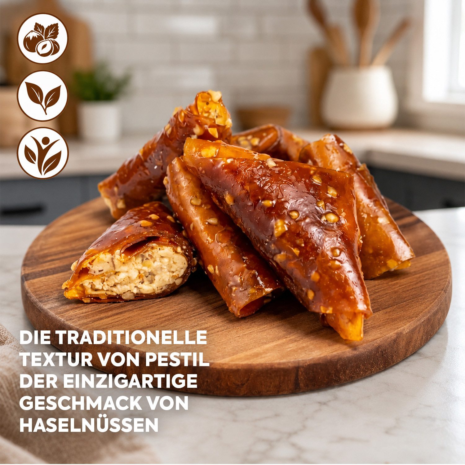 We_Natur Süßigkeit Fruchtleder mit Haselnusspaste – Zarte dreieckige Süßigkeit, 350 g, Traditioneller Pestil (Fruchtleder) mit Haselnusspaste – Bild 2 von 5