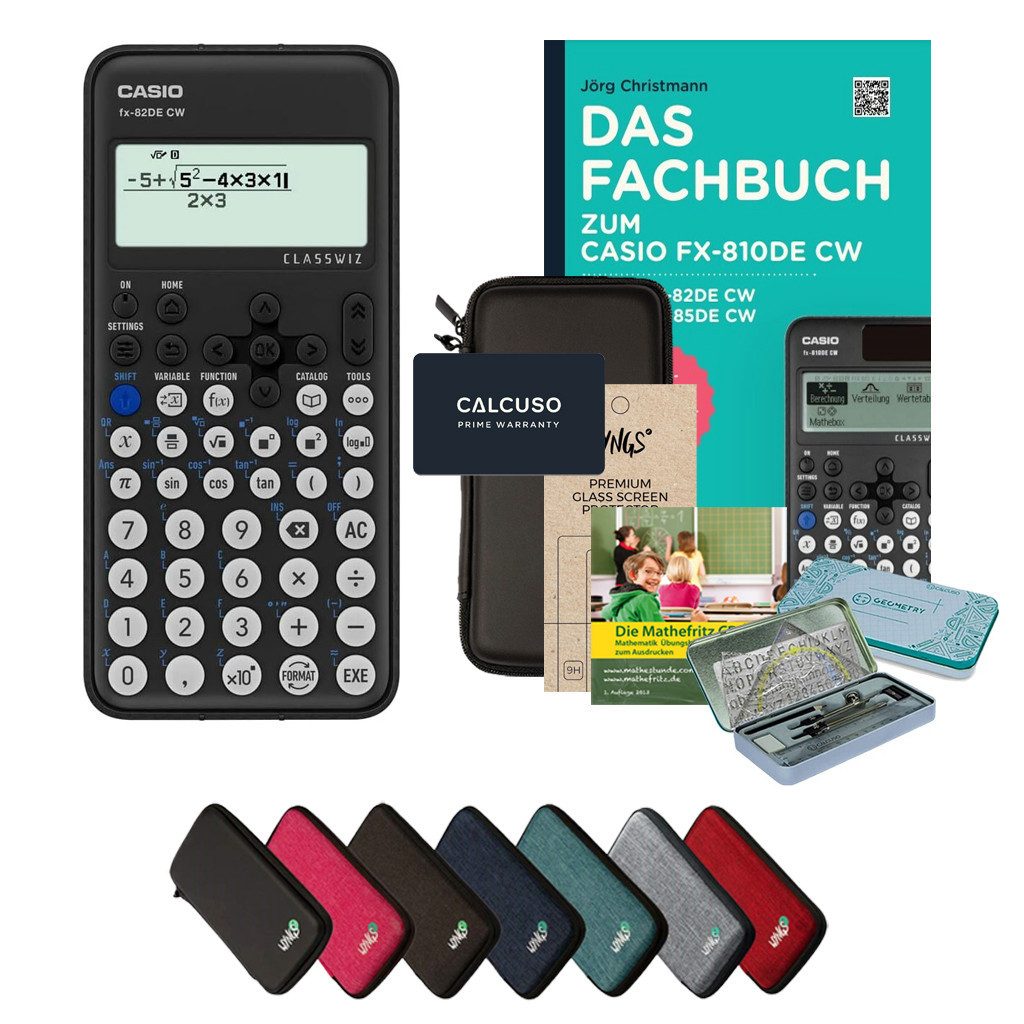CASIO Taschenrechner fx-82DE CW - Premium Set inkl. Schutztasche Schwarz & Fachbuch uvm.