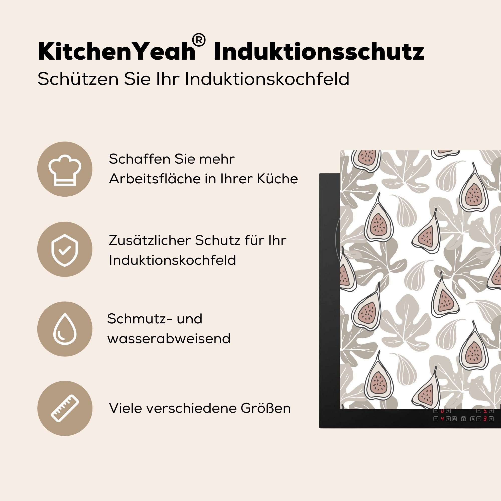 Herdblende-/Abdeckplatte Feigen Ceranfeldabdeckung, für küche Weiß, (1 cm, - tlg), Blätter - MuchoWow Vinyl, 78x78 Arbeitsplatte - Sommer