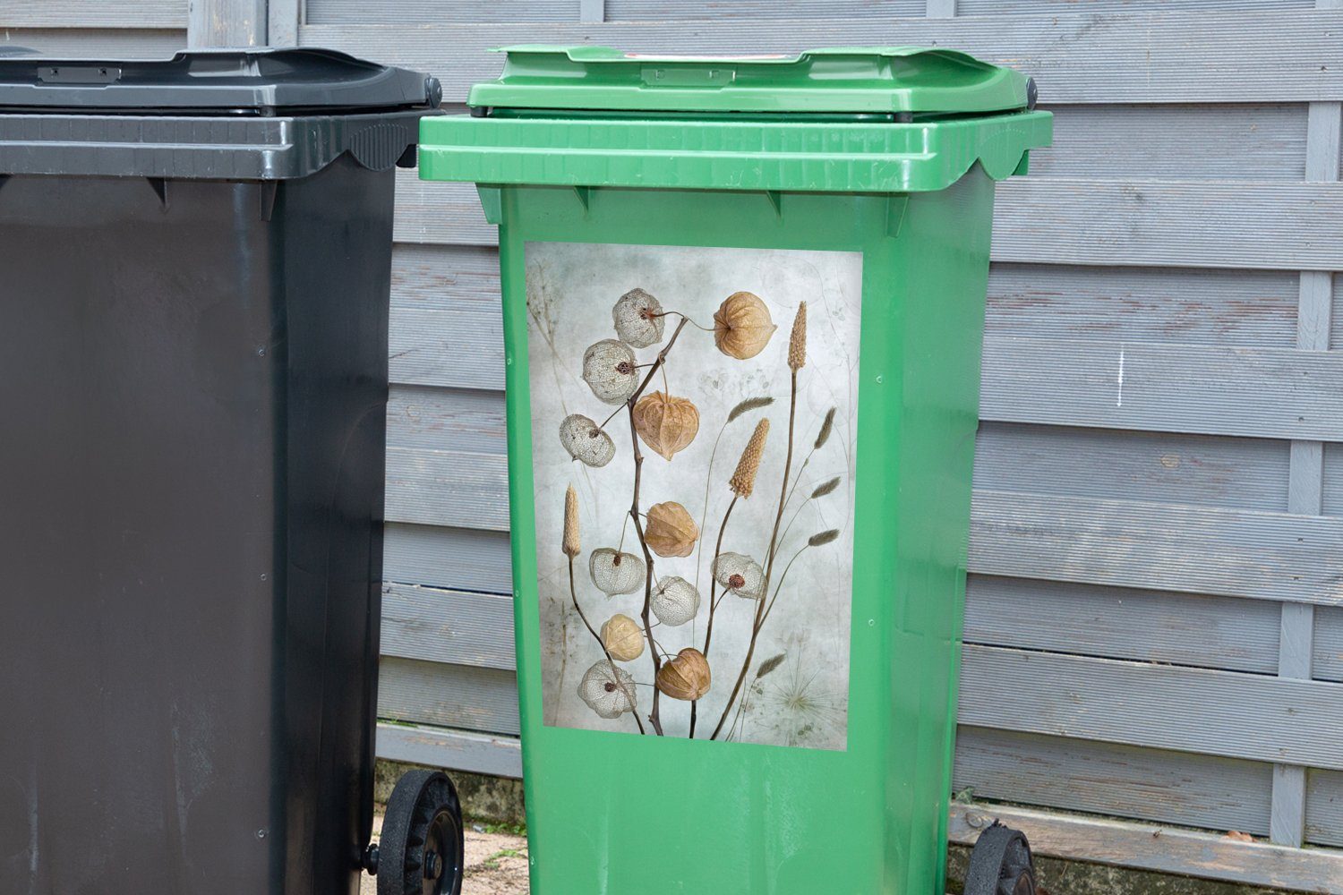 MuchoWow Wandsticker Natur Mülltonne, Herbst Stilleben - Trockenblumen Container, (1 - Sticker, St), Braun Mülleimer-aufkleber, - - Abfalbehälter