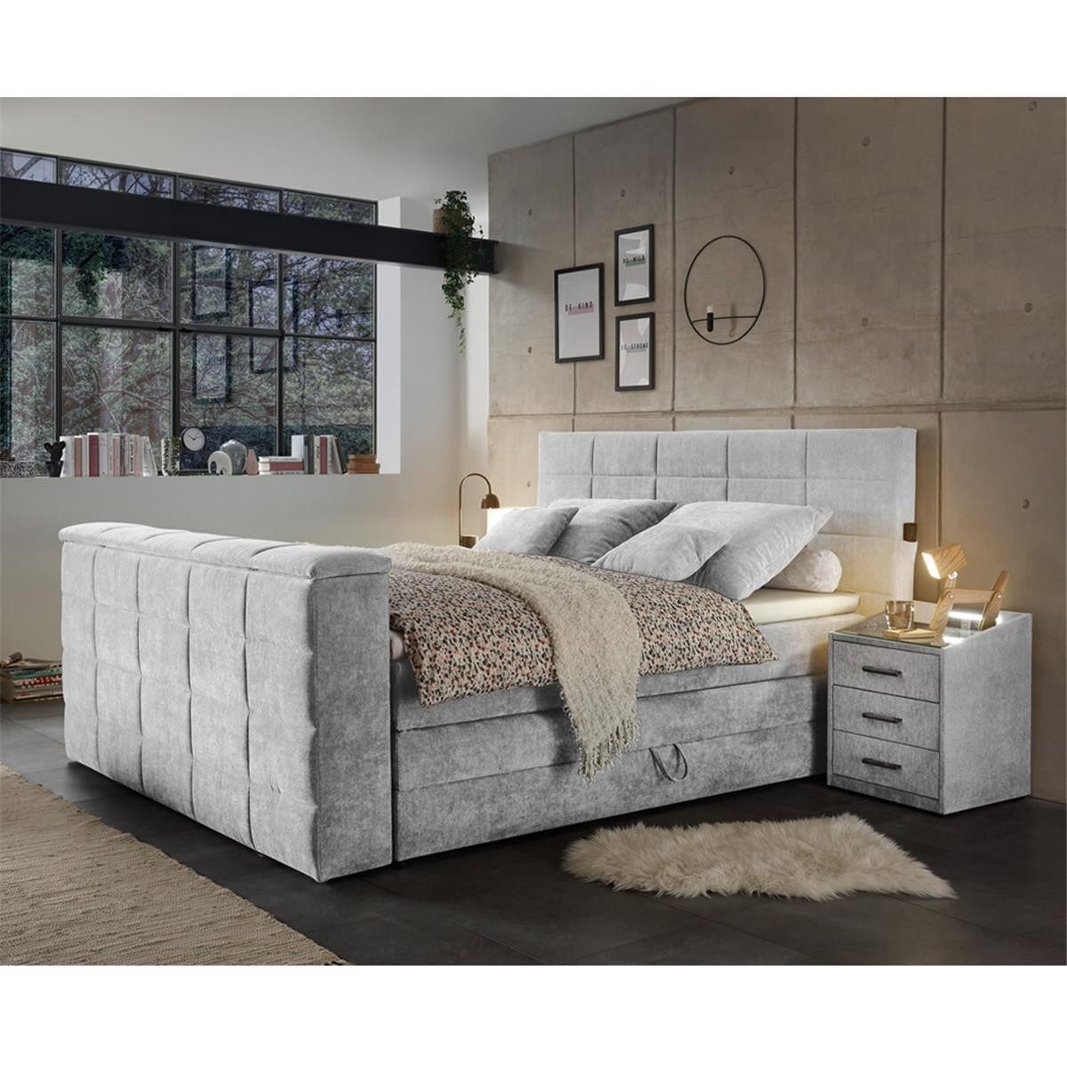 Lomadox Boxspringbett DURAZNO-09, 180x200 cm, mit TV-Halterung, mit Bettkasten, Hotelbett in silver