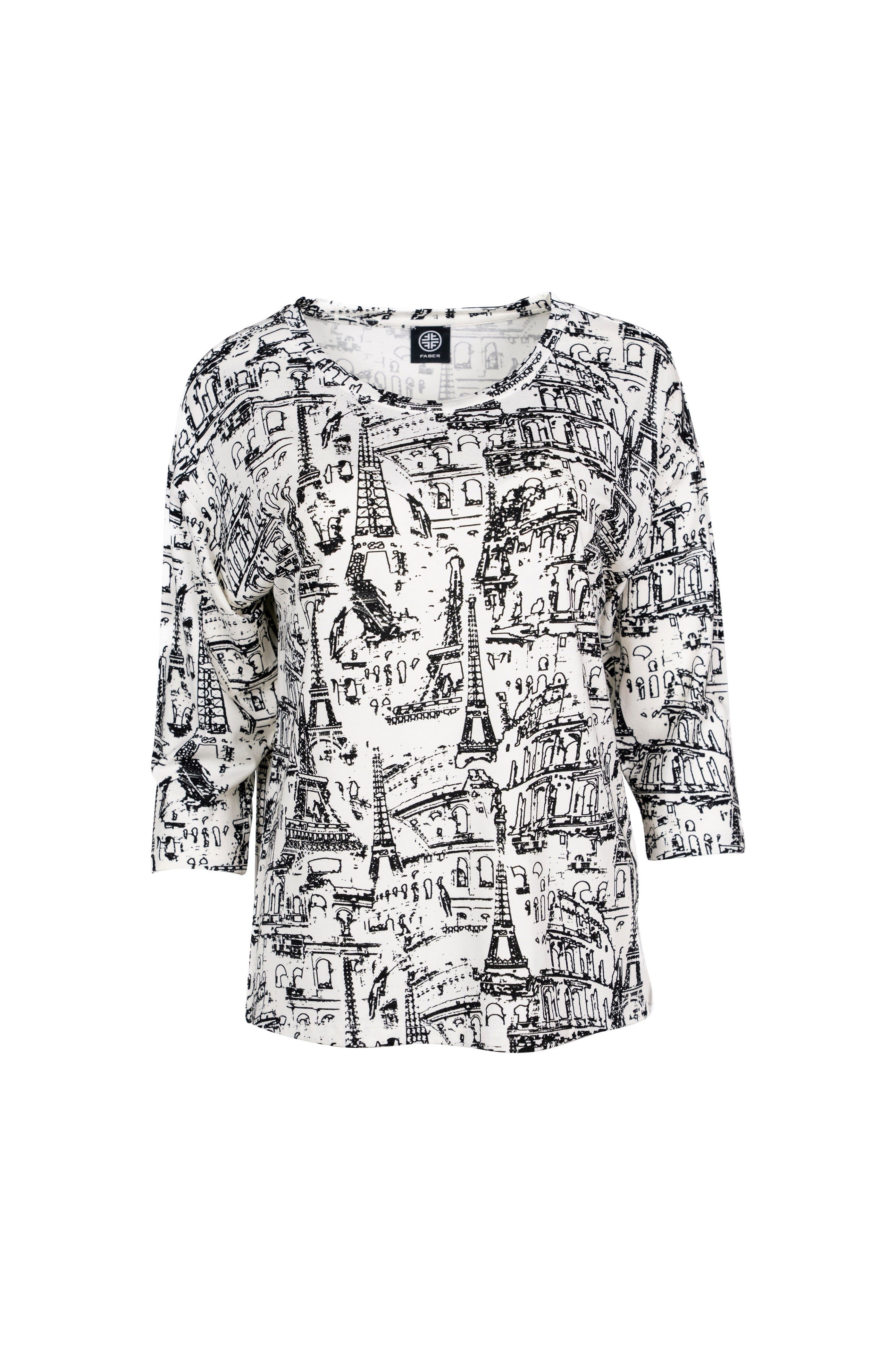 Faber Strickpullover Pullover mit illustriertem City-Print und V-Ausschnitt Feinstrick