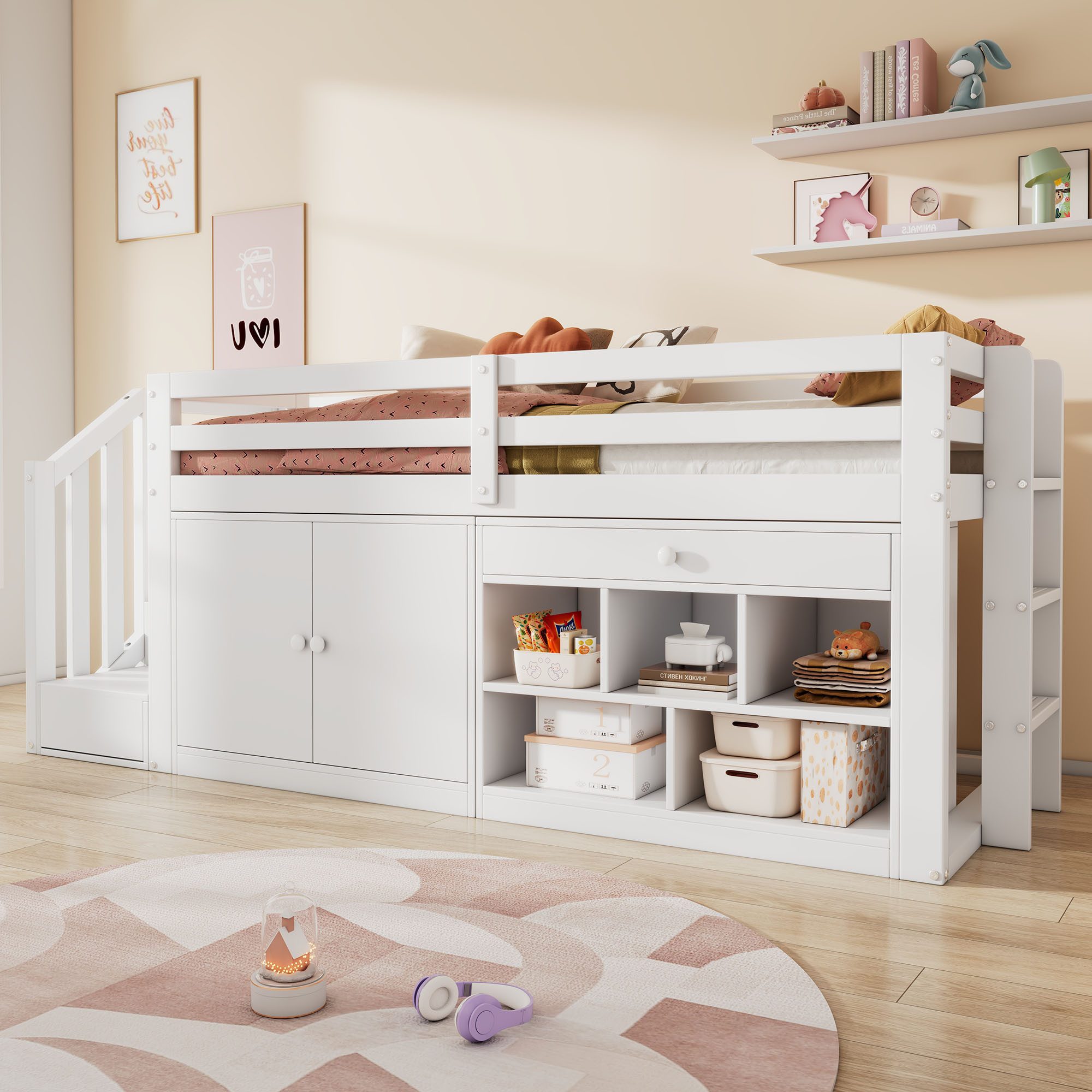 REDOM Hochbett Einzelbett (1-St., Kiefernholz Kinderbett mit Stauraum) Schublade als Schreibtisch 90x200cm