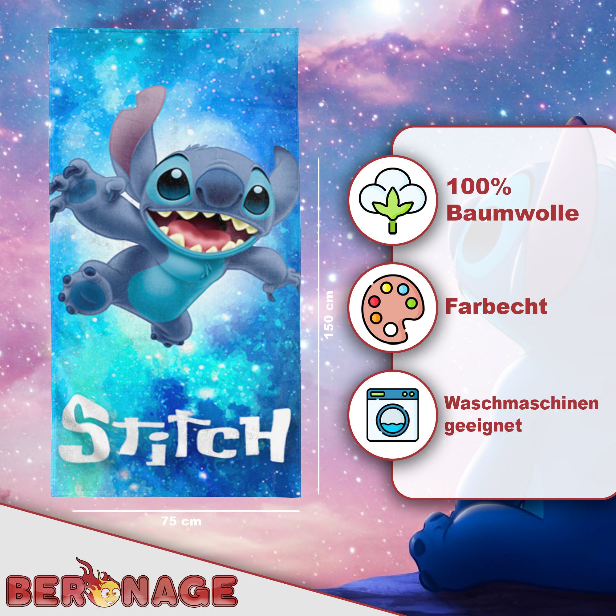 BERONAGE Strandtuch Lilo & Stitch Badetuch Out of The World 75x150 cm, (1-S günstig online kaufen