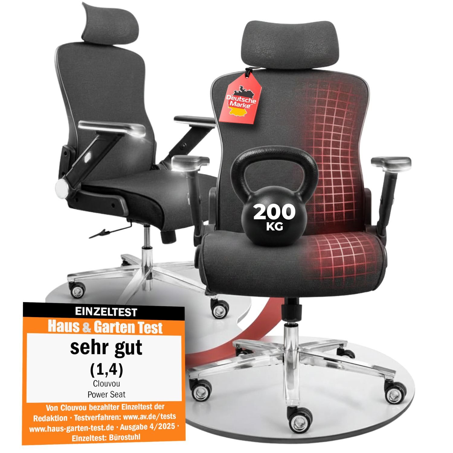 CLOUVOU Bürostuhl Ergonomisch, Schreibtischstuhl bis 150 kg - Testsieger (PowerSeat - Chefsessel für Arbeitszimmer, 5D Gaming Armlehnen), Blade Wheels, Homeoffice, Gaming Stuhl, Drehstuhl), Blade Wheels, Homeoffice, Gaming Stuhl, Drehstuhl