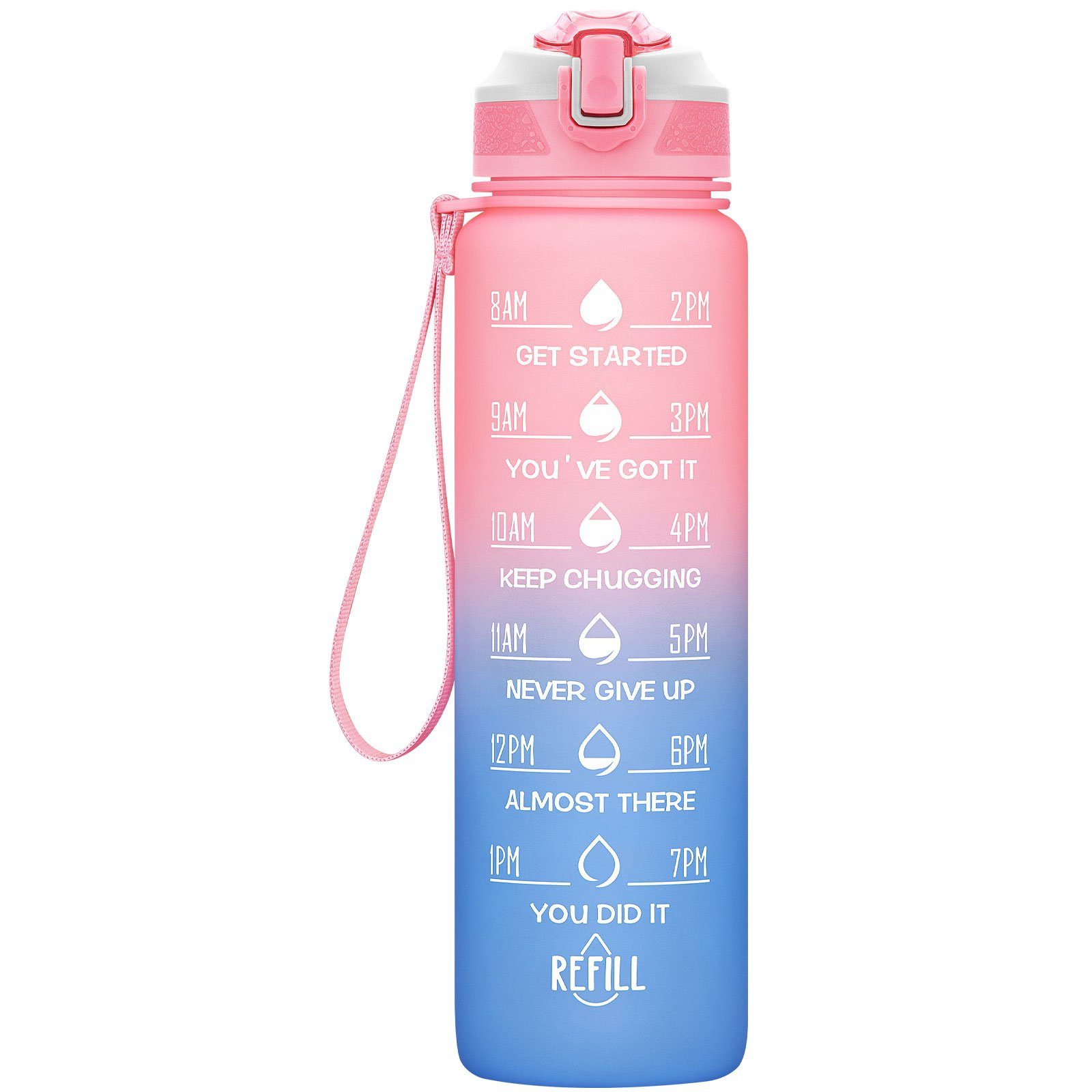 WISHDOR Trinkflasche Sport Wasserflasche Sportflasche Auslaufsicher 1 Liter BPA-Frei 1L, Zeitmarkierung und Strohhalm Fitness Outdoor Camping Fahrrad Wandern Pink/Blau