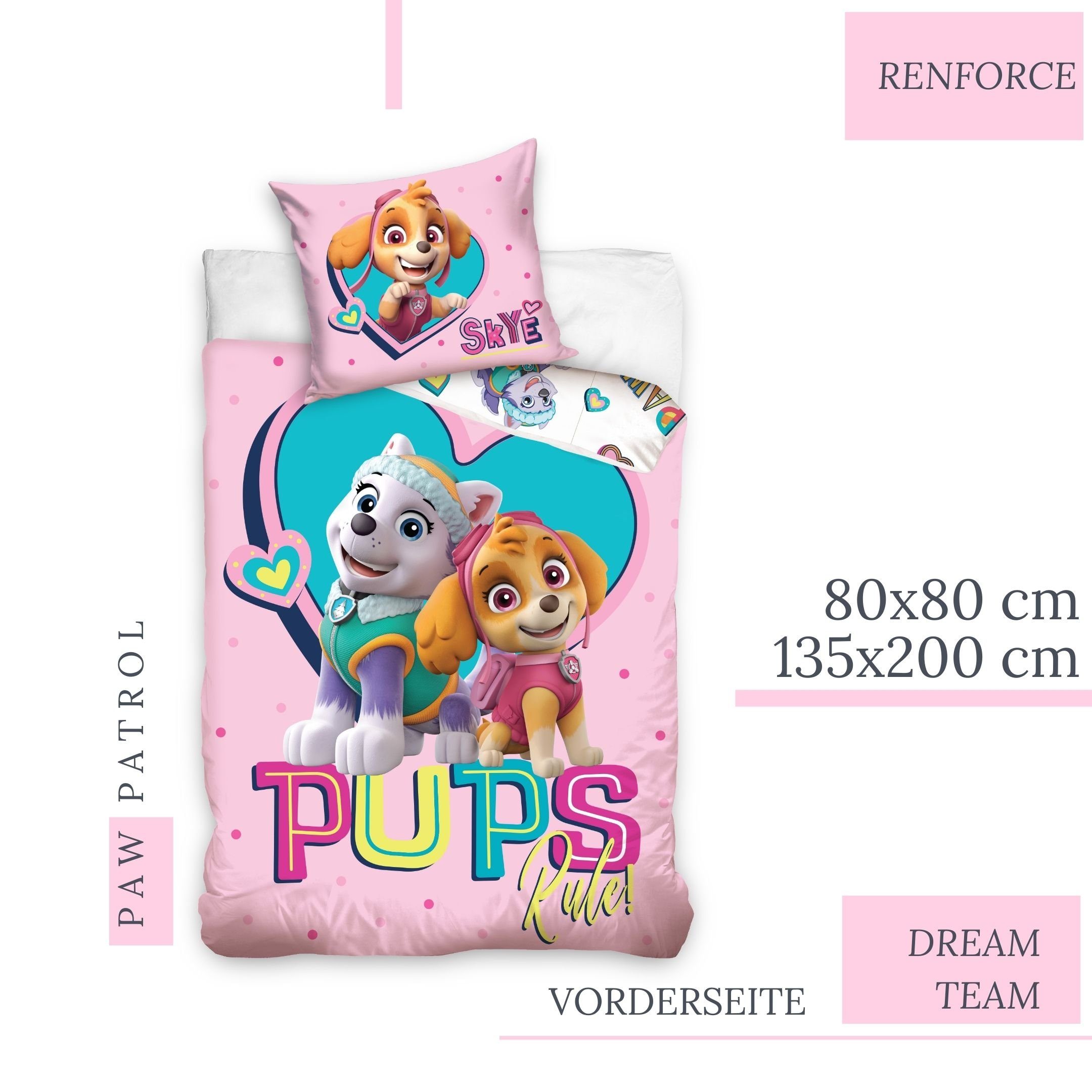 MTOnlinehandel Kinderbettwäsche Paw Patrol 135x200 + 80x80 cm 2 tlg., 100% Baumwolle in Renforcé, Renforcé, 2 teilig, passend zur Paw Patrol Kuscheldecke