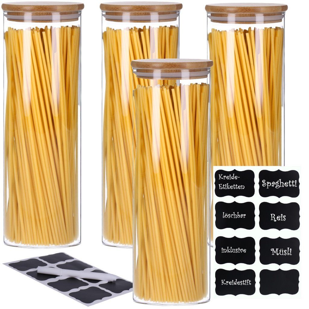 TP Vorratsglas 4er Set Vorratsglas mit Bambusdeckel und 8 Kreidetafel- Sticker (4 x 2