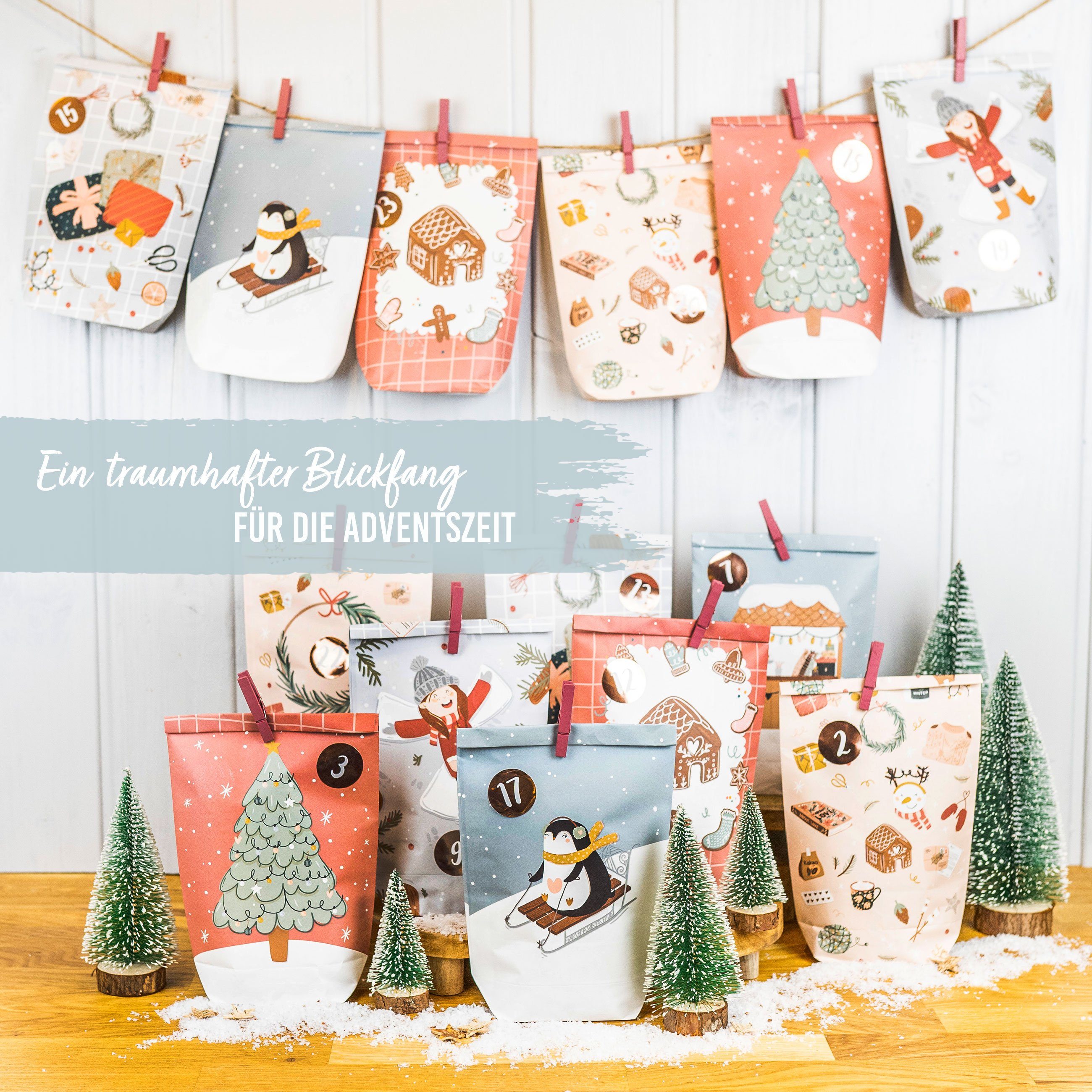 PAPIERDRACHEN befüllbarer Adventskalender Adventskalender mit bedruckten Tüten, Adventskalender zum selber befüllen