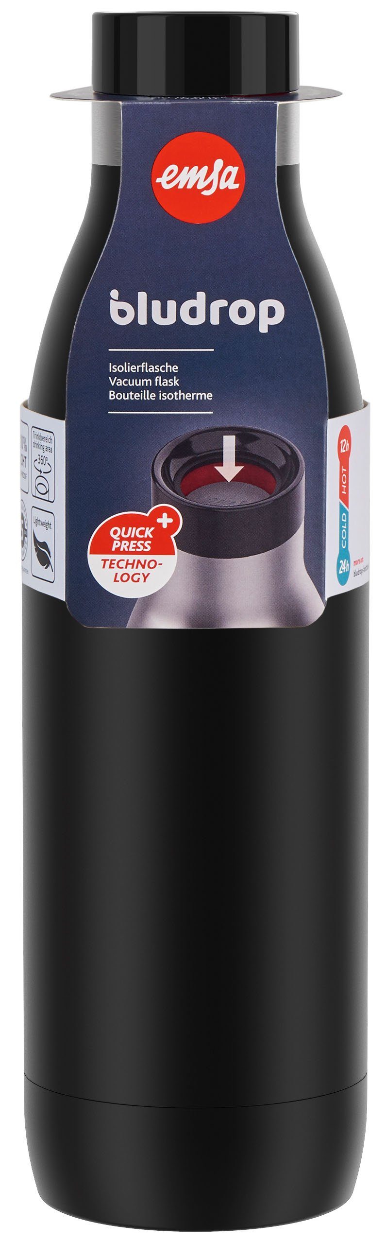 Emsa Color, Quick-Press Deckel, spülmaschinenfest Bludrop Trinkflasche warm/24h Edelstahl, 12h kühl, schwarz