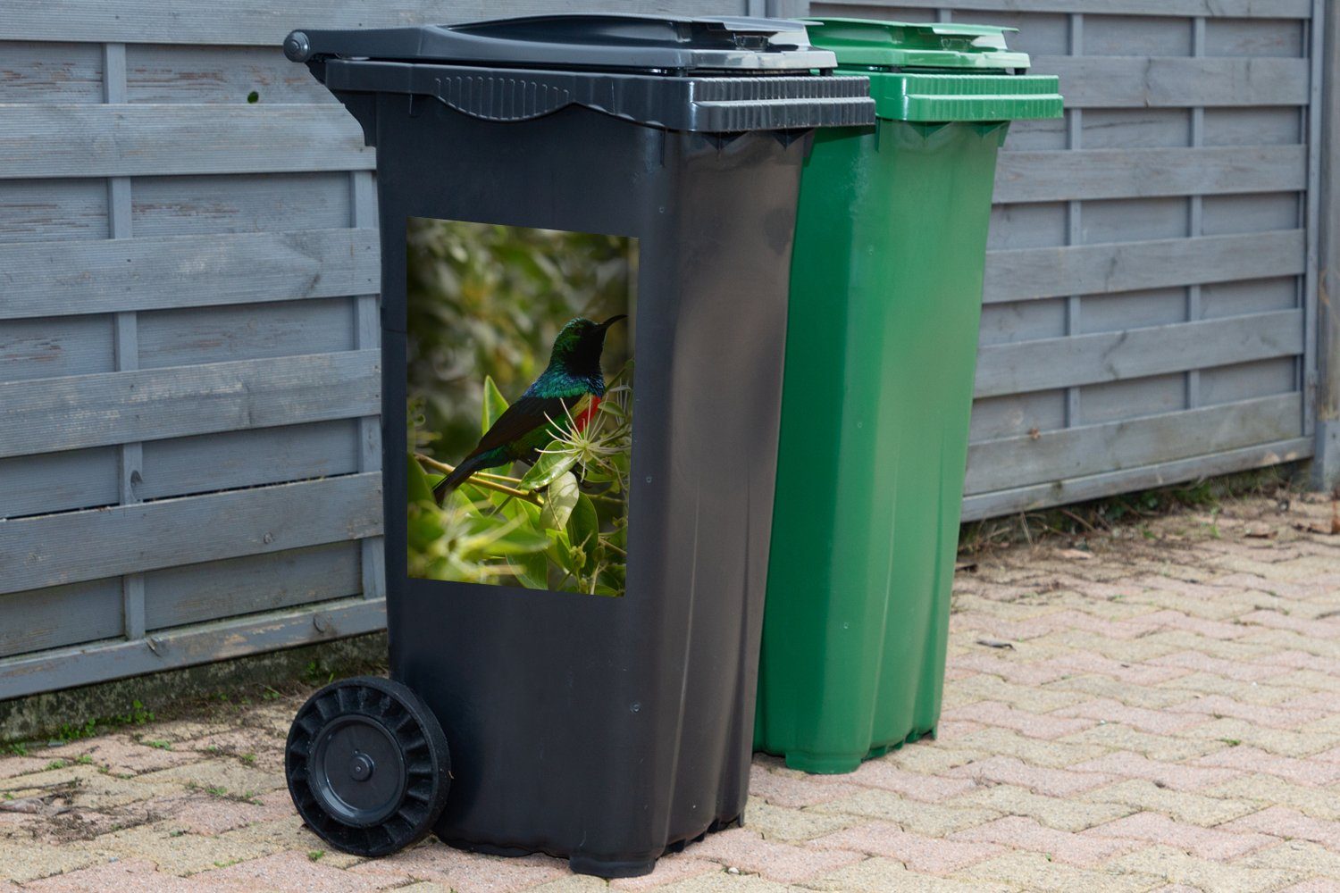 Dschungel im den Mülleimer-aufkleber, Container, Mülltonne, (1 St), Blättern zwischen Abfalbehälter MuchoWow Wandsticker Vogel Sticker,
