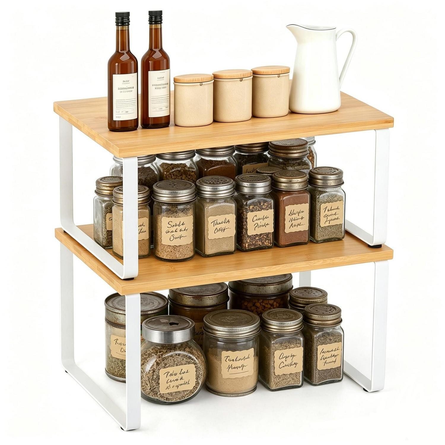 LuxusKollektion Küchenregal Gewürzregal Küche 2er-Set Bambus/Weiß, 2-tlg.