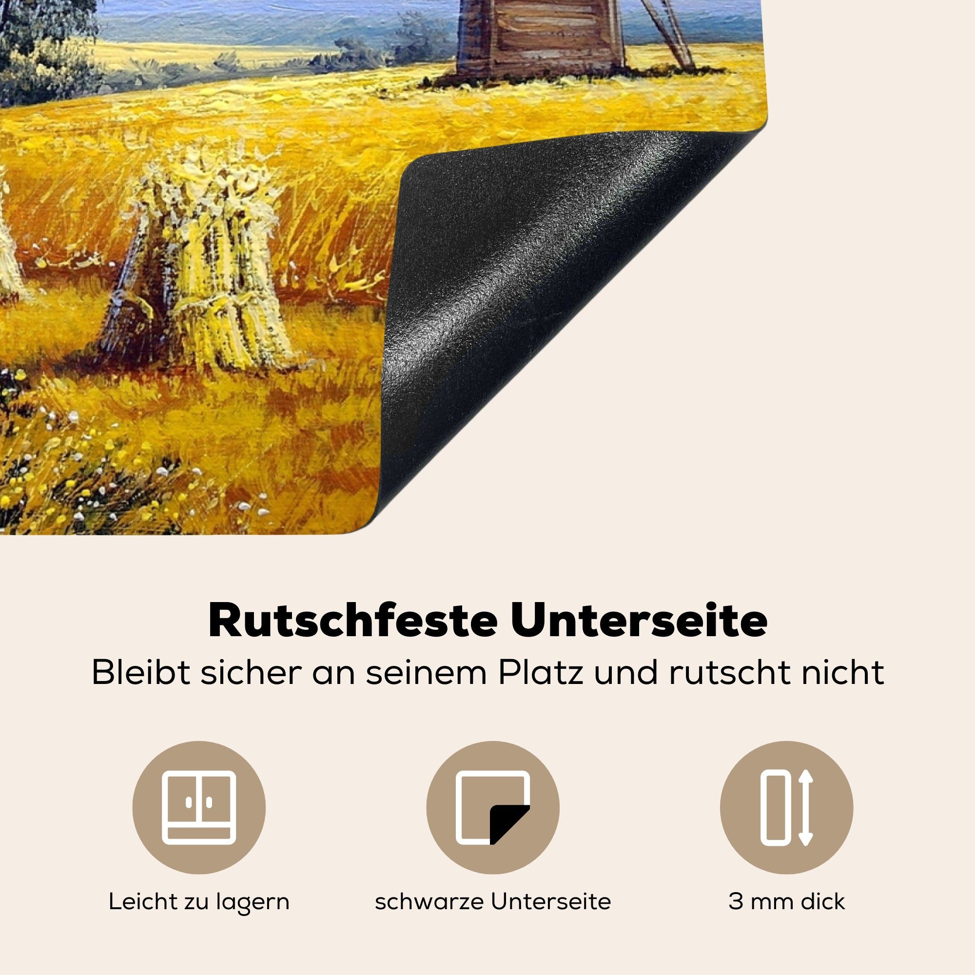 MuchoWow Herdblende-/Abdeckplatte Gemälde 70x52 Ölfarbe, Bauernhof Mobile Mühle (1 Arbeitsfläche cm, - tlg), Vinyl, - nutzbar, Ceranfeldabdeckung 