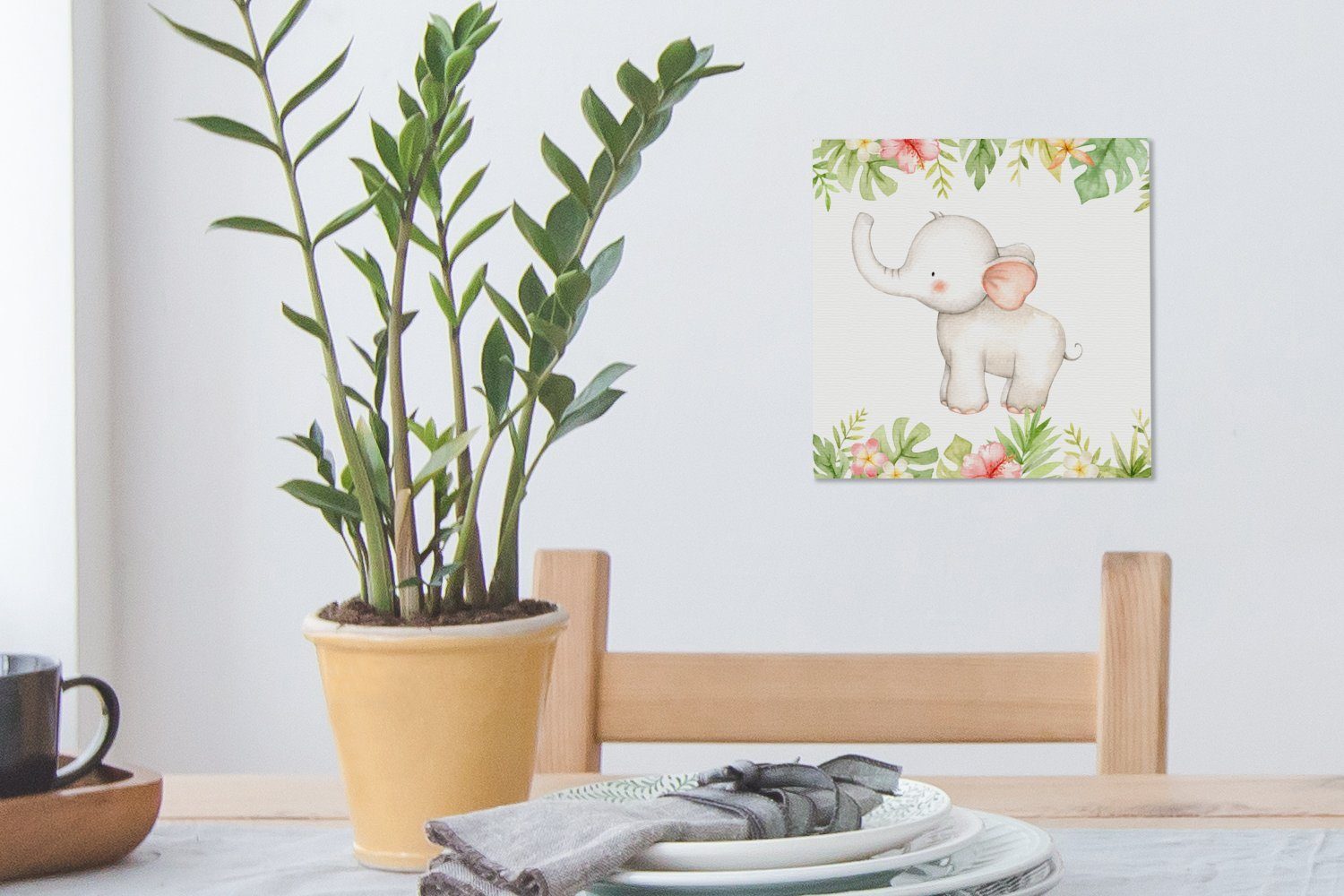 St), für Leinwand (1 Pflanzen, Elefant - Leinwandbild Aquarellfarbe Schlafzimmer Blumen Bilder Wohnzimmer - - OneMillionCanvasses®