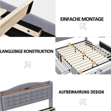MODFU Polsterbett Nachttisch mit USB-Ladeanschluss und Ablage (140*200 cm, Doppelflachbett mit 4 Schubladen, Leinenstoff), ohne Matratze