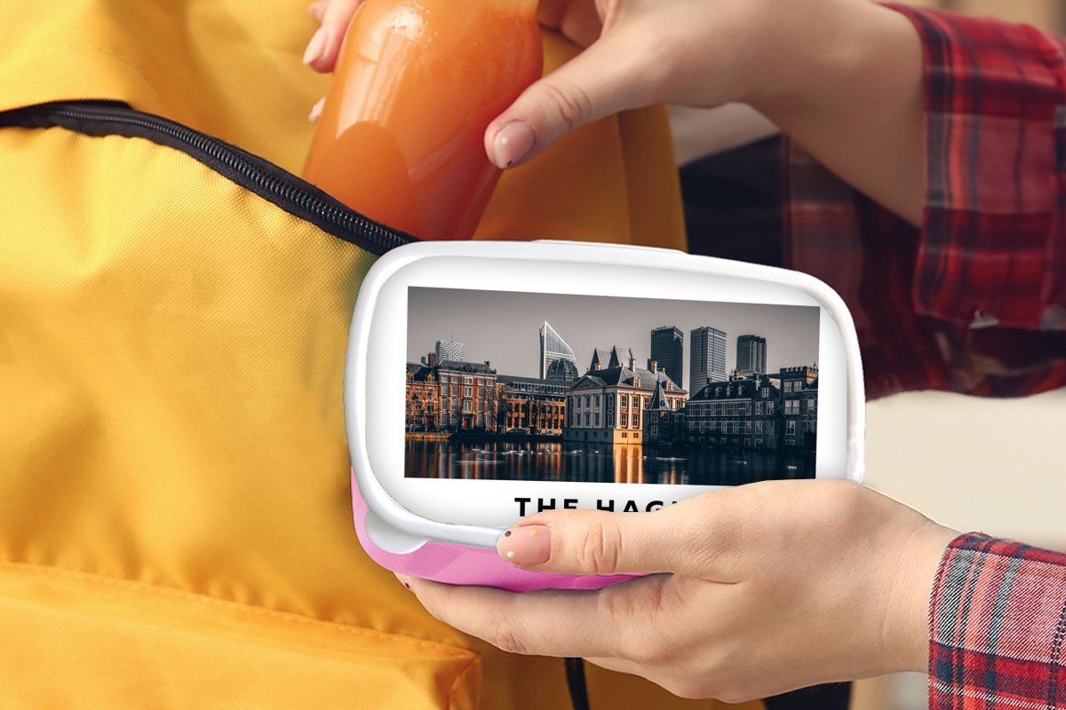 Haag, - Mädchen, Kunststoff, Brotdose Lunchbox für Snackbox, - Kunststoff MuchoWow Erwachsene, Kinder, (2-tlg), Brotbox Abend Niederlande rosa Den