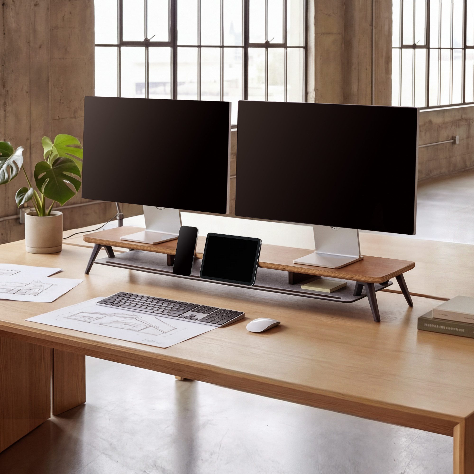 Fenge Monitorständer, (Bildschirmerhöhung für 2 Monitore, Monitorhalterung, Massivholz)