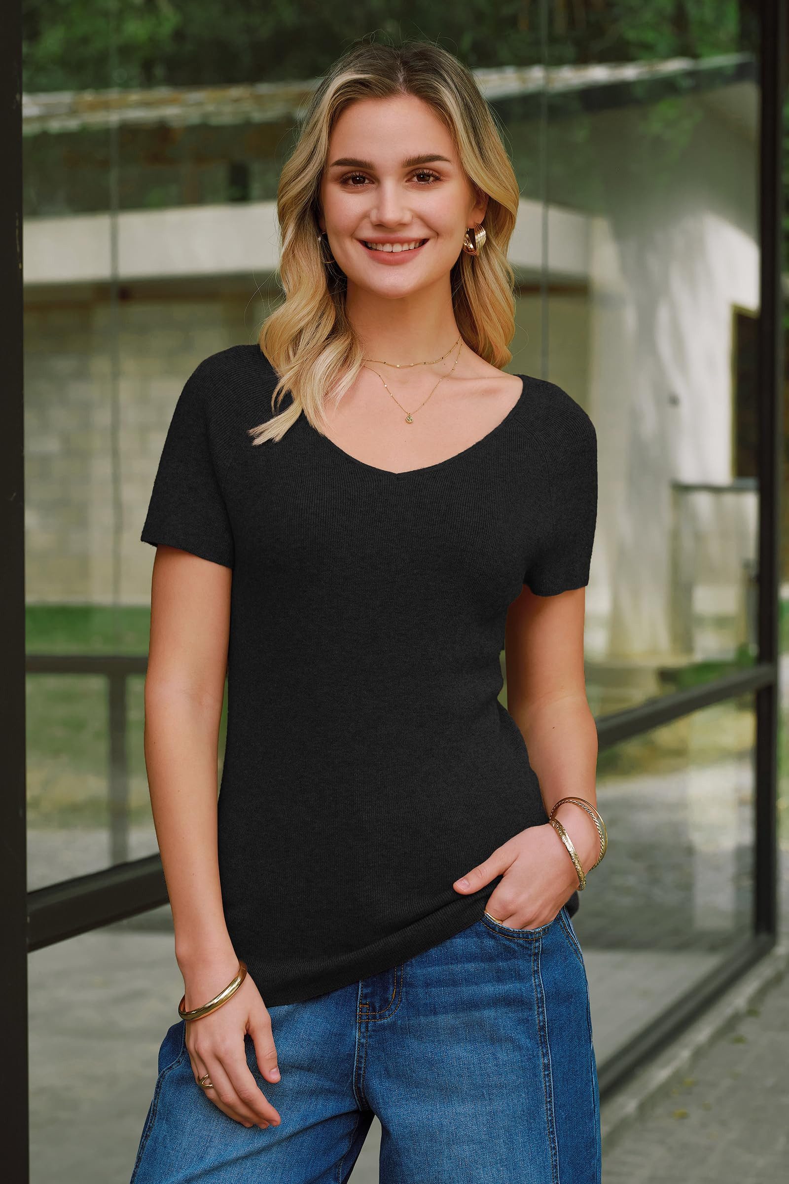 Arach&Cloz Kurzarmshirt Damen Kurzarm Strickpullover V-Ausschnitt Leichtes Atmungsaktives Business Casual Oberteil
