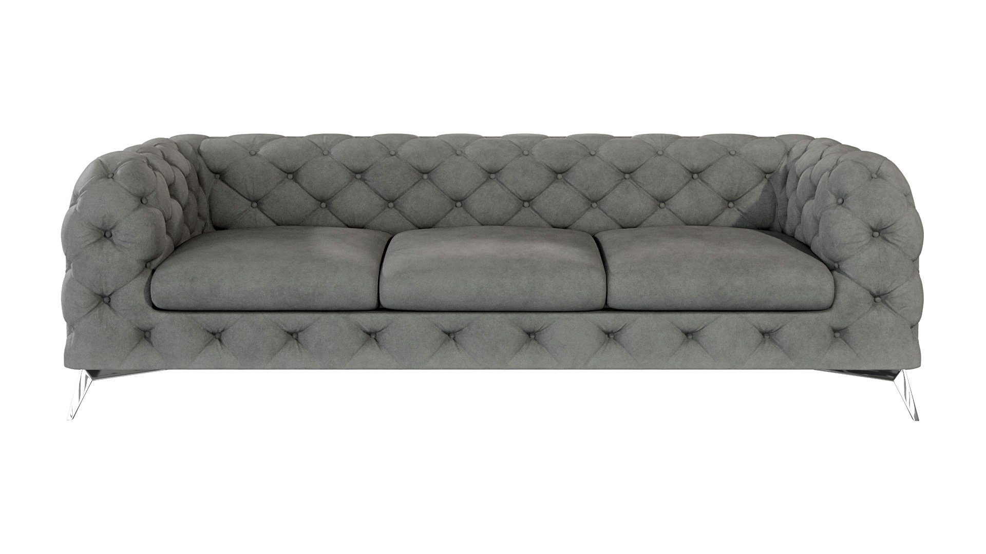 Wellenfederung Chesterfield Metall mit mit Kalina Silber 3-Sitzer S-Style Möbel Grau Sofa Füßen,