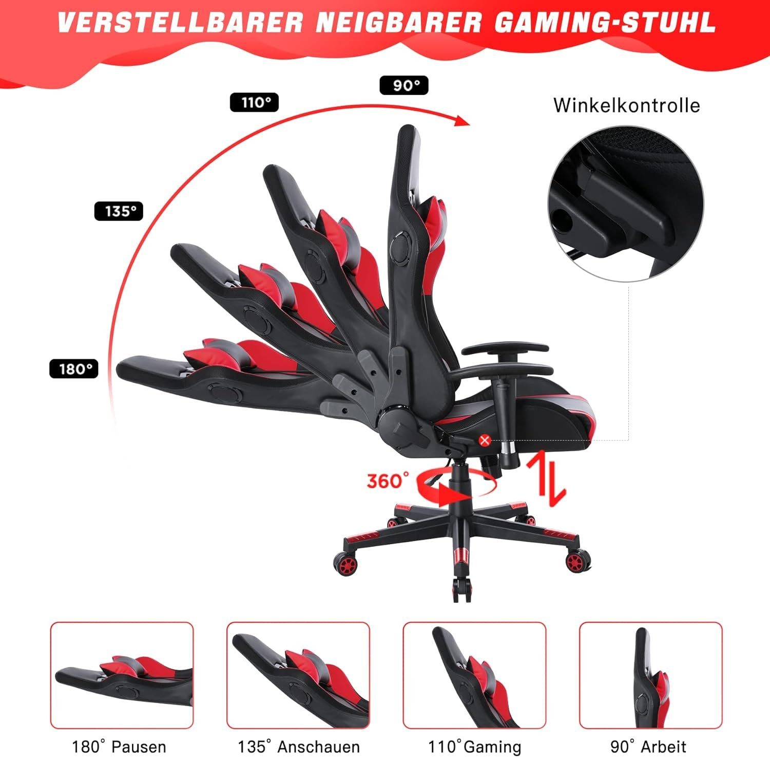 Gaming Gaming LED-Leuchten Chair Hoher ergonomischer Noir Lautsprechern Bürostuhl Stuhl Rouge HomeMiYN