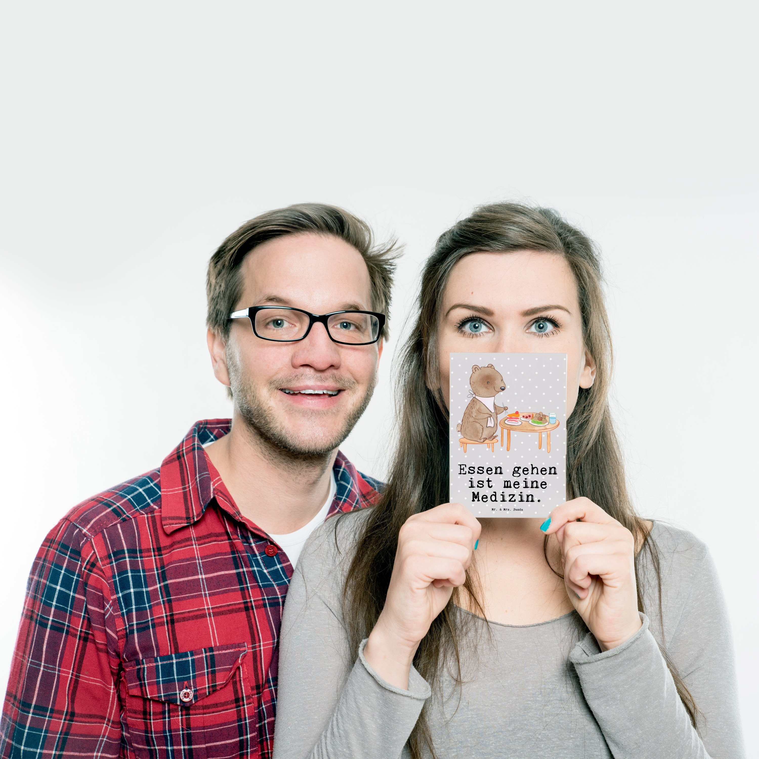Mr. & Mrs. Panda Postkarte Bär Essen gehen Medizin - Grau Pastell - Geschenk, Karte, Geschenkkar