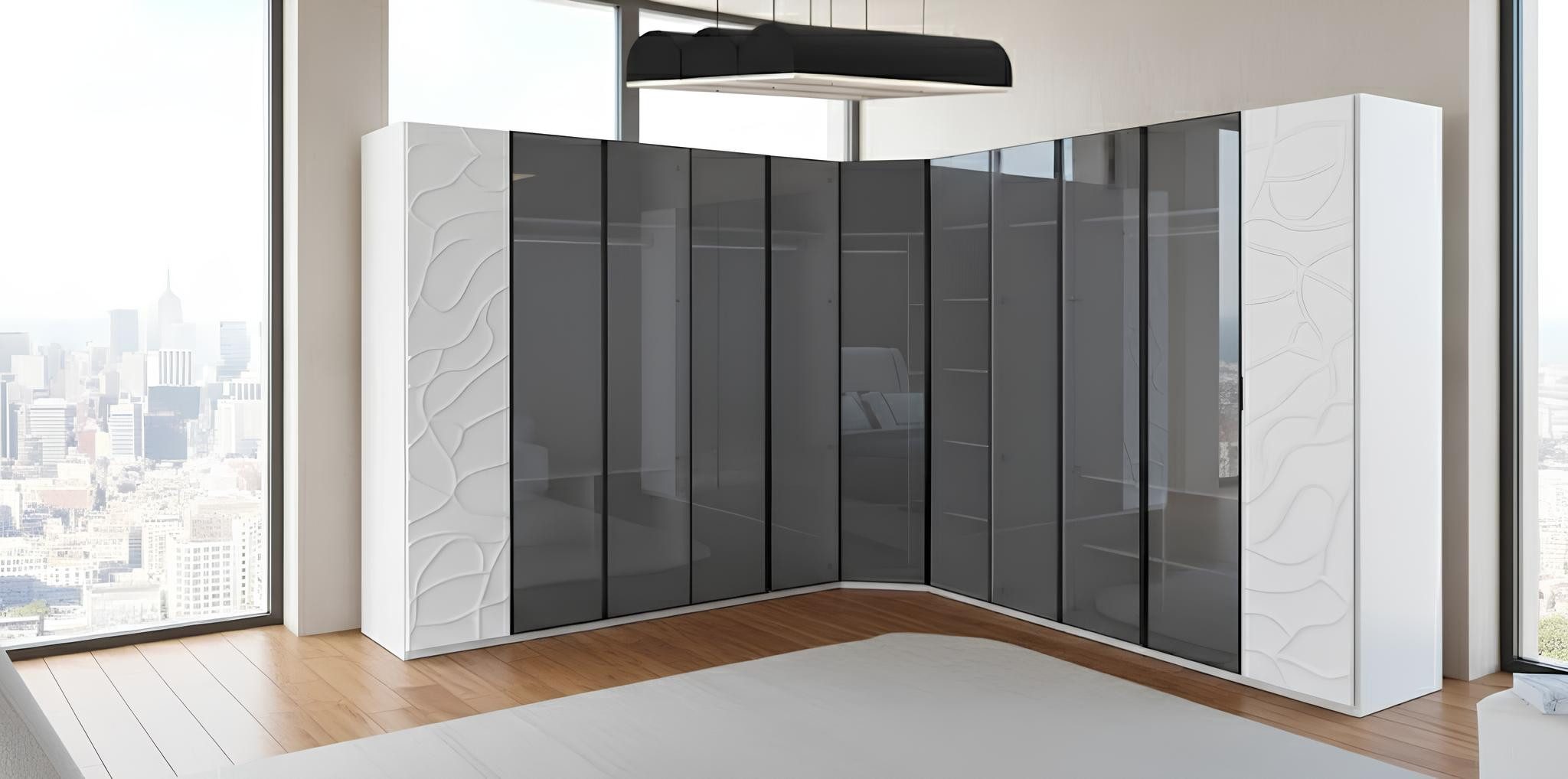 JVmoebel Eckkleiderschrank Eckschrank Weiß Schwarz Moderner Stil Glasfronten Holz-Glastüren Neu (1-St) Made in Europa