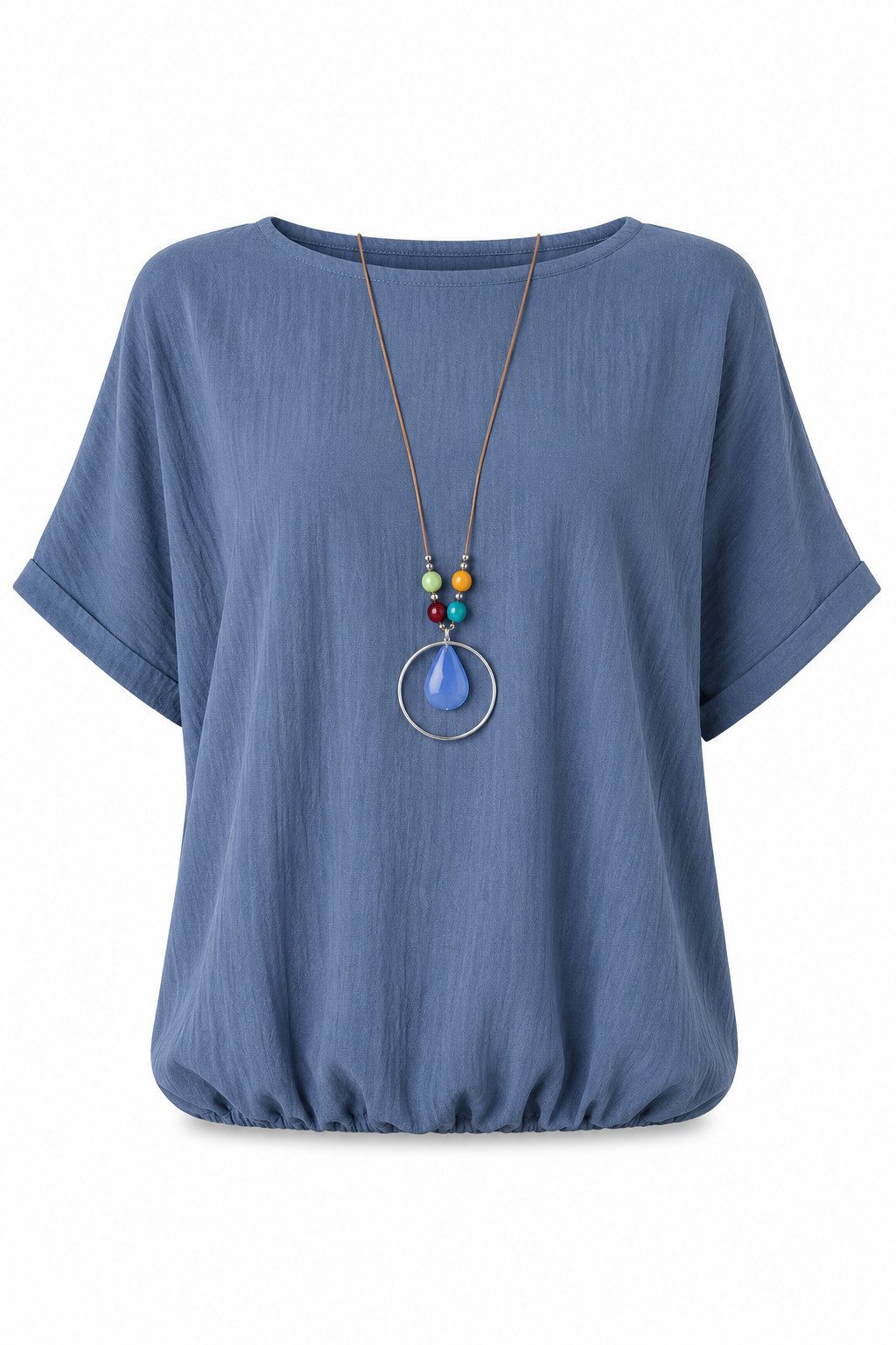 ITALY VIBES Kurzarmbluse - Blusenshirt Damen - leichte Sommerbluse mit Gummibund und Kette Gratis Kette zu jeder Bluse! / ONE SIZE - passend von Größe S bis L