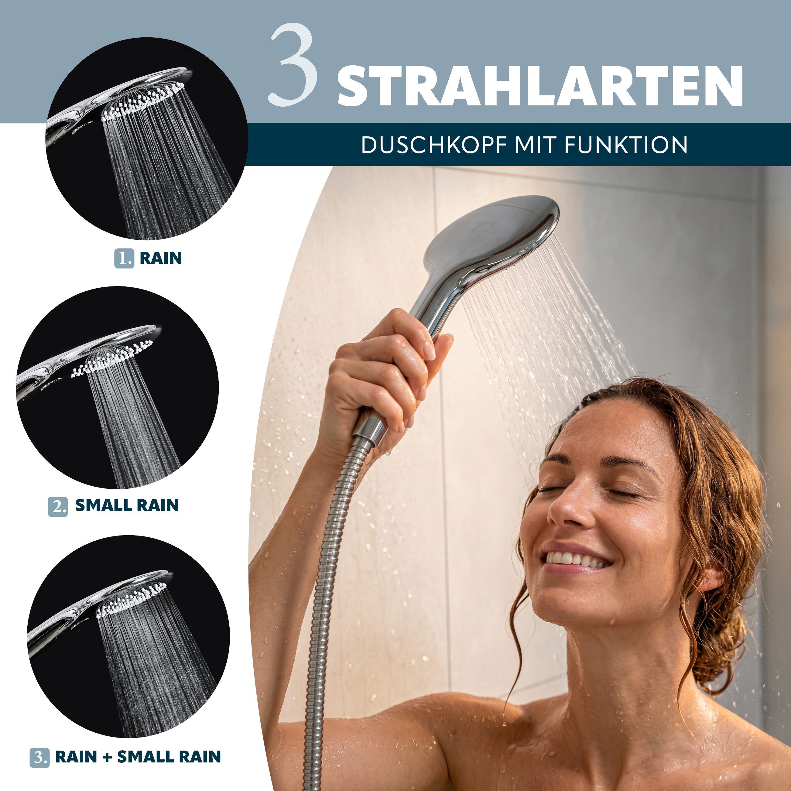 eluno Handbrause inkl. Brauseschlau, mit weißer Strahlscheibe, (2-tlg., Handbrause, Schlauch)