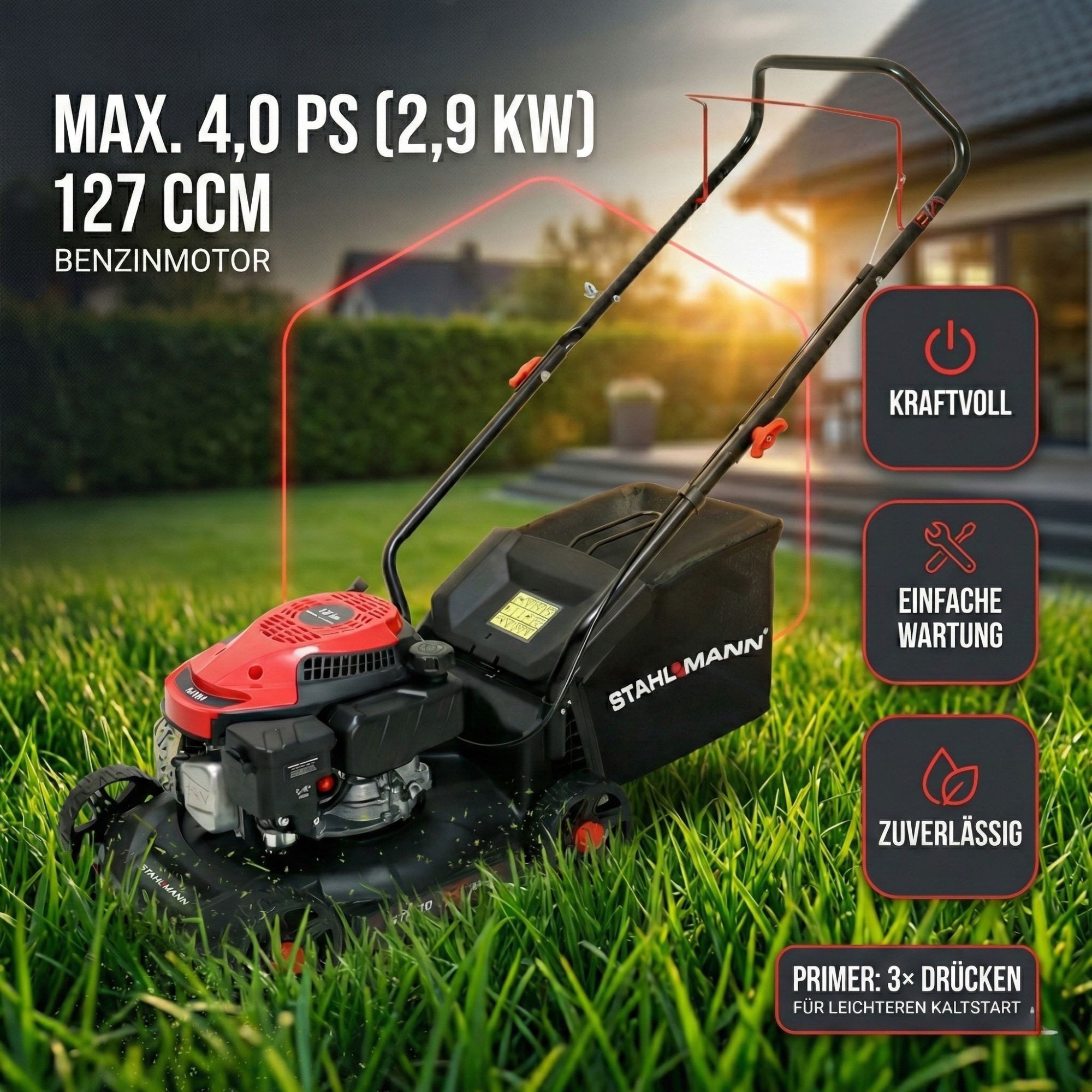 Stahlmann Benzinrasenmäher Rasenmäher Benzin BR390 – 4,0PS (2,9kW) 127ccm, 39 cm Schnittbreite, 39cm Schnittbreite, EasyClean, 35L Korb