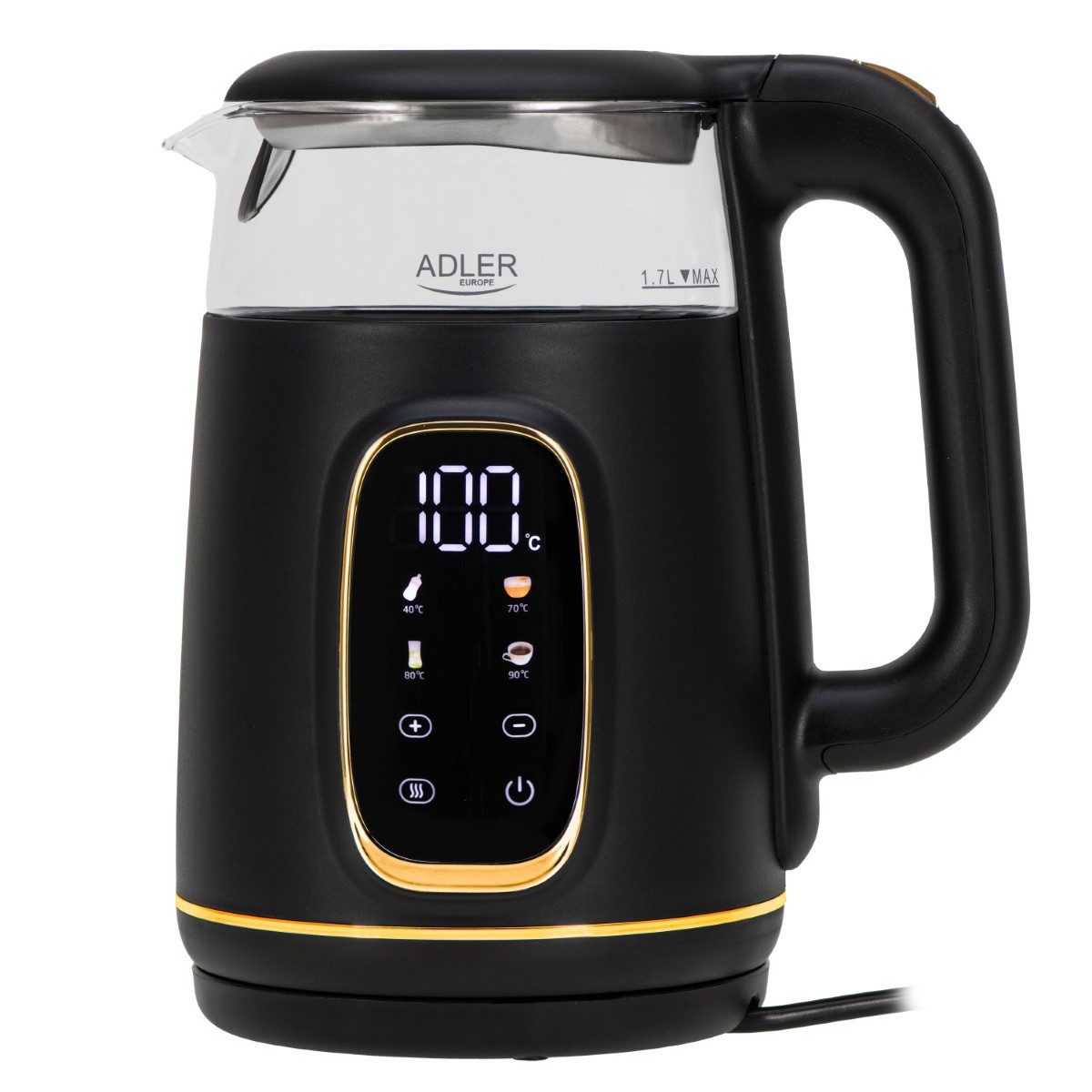 Adler Wasserkocher AD 1305 BG 2200 W - 5 Temperatureinstellungen, 360°-Sockel, 1,7 l, 2200 W, Warmhaltefunktion, Glas-Design mit LED-Beleuchtung