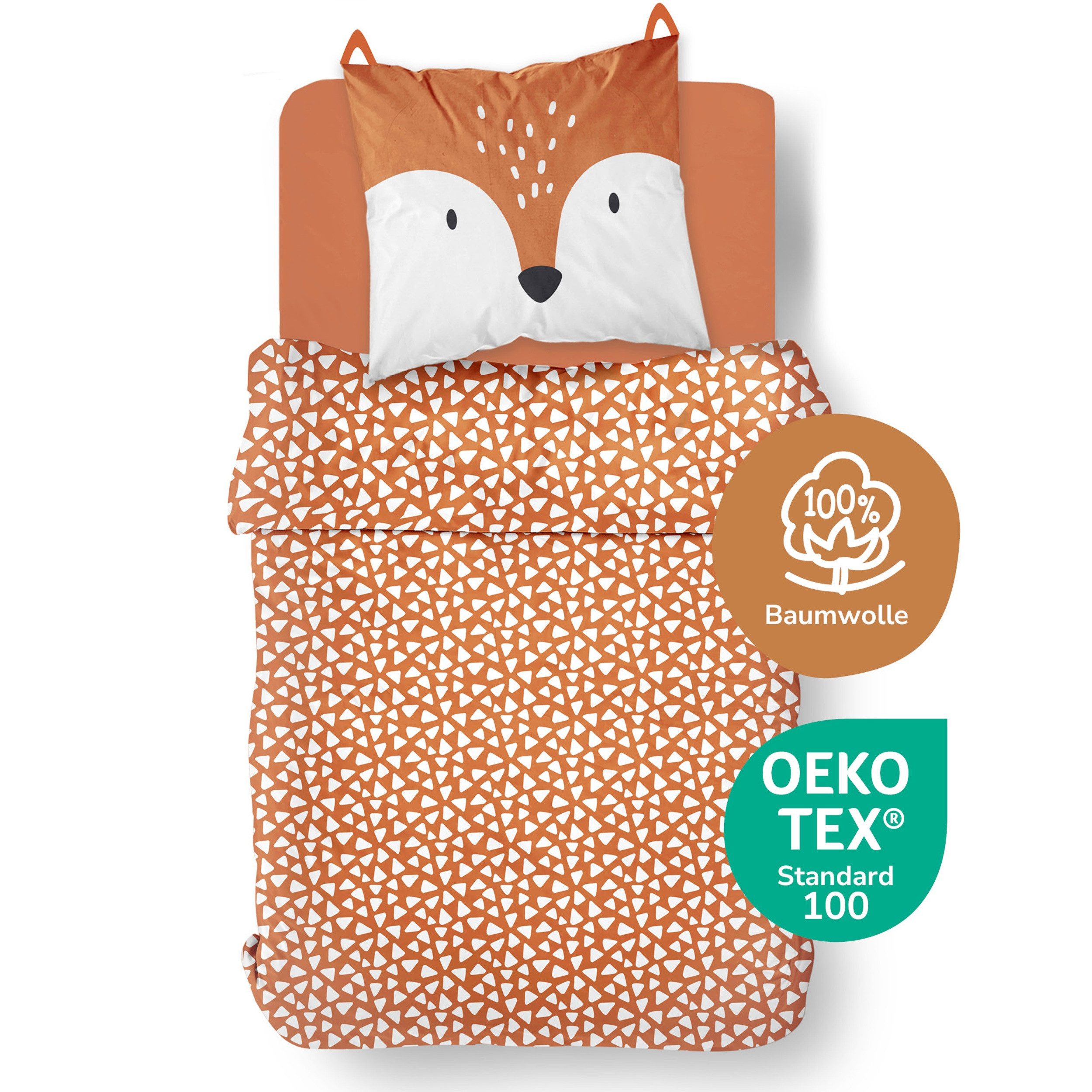 Familando Kinderbettwäsche little Fox 135x200 80x80 cm Bettwäsche niedlicher Fuchs mit Ohren, Renforcé, 2 teilig, mit liebevollem Motiv & süßen Details für Mädchen und Jungen