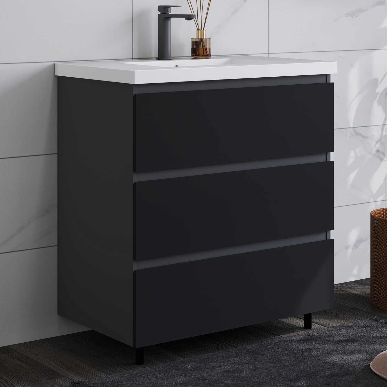 duschspa Waschtisch Badmöbel Set Waschbecken mit Unterschrank Badezimmer Möbel Schrank (Hängeschrank, mit Schrankfüße), 80/100cm breit