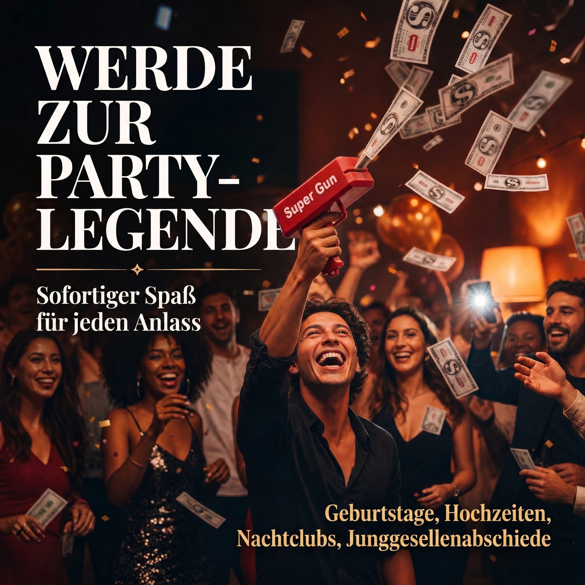 Goods+Gadgets Spielgeld GOODS+GADGETS Super Money Gun–Spielgeld Waffe & Cash-Shooter für Spaß, Spielzeug Geld Pistole Party Revolver