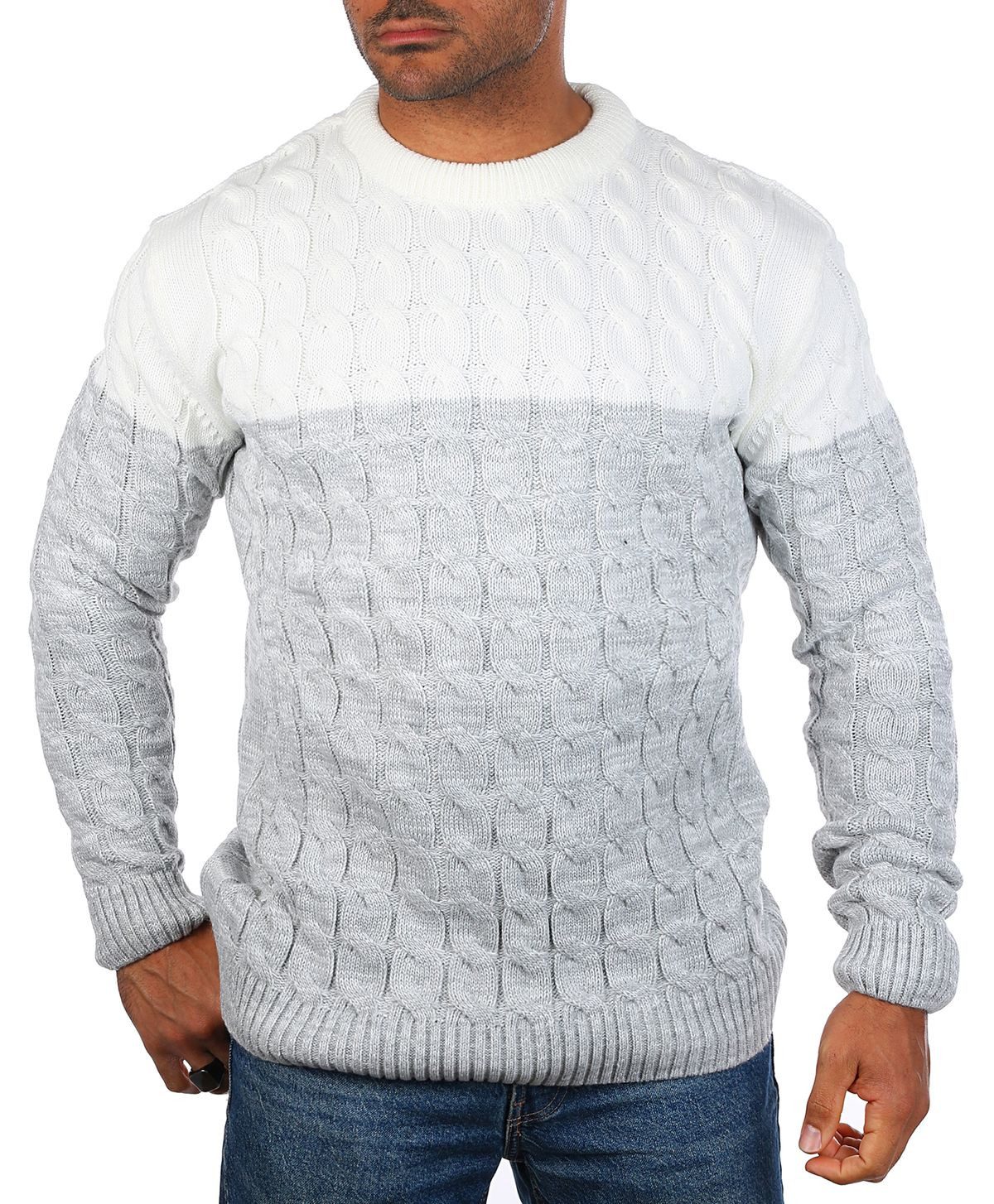 Strickpullover Herren mit Zopf Cable Strickmuster Uni Rundhals retro klassisch 7823