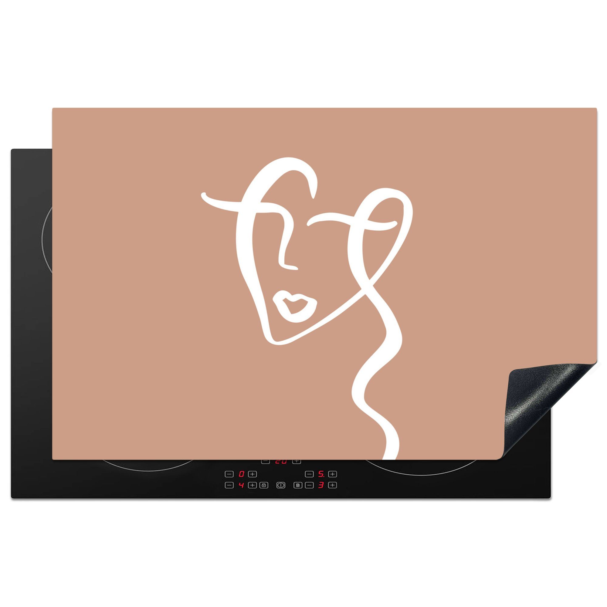 MuchoWow Herdblende-/Abdeckplatte Gesicht - Abstrakt - Weiß - Braun, Vinyl, (1 tlg), 81x52 cm, Induktionskochfeld Schutz für die küche, Ceranfeldabdeckung