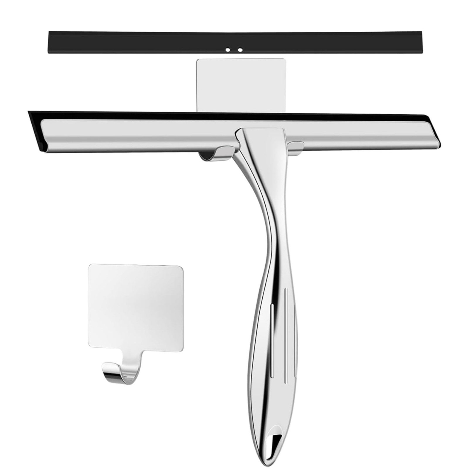 SURFOU Duschabzieher Edelstahl 25 cm, mit Antirutschgriff, Halterung & 2 Ersatzgummis, Fensterputzer für streifenfreie Reinigung auf Glas, Fliesen, Spiegeln